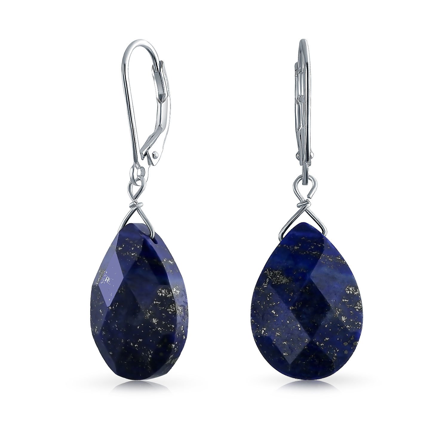 Gemstone Blue Lapis Lazuli Faceted Teardrop Pear Shaped Drop Dangle Lever back Earrings For Women .925 Sterling Silver — image 1
