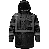 DPSAFETY Reflective Jacket, High Visibility Parka, Waterproof Hi Vis, Safety Jacket with Removable Hood and Zipper, ANSI Class 3 (Black,3XL)