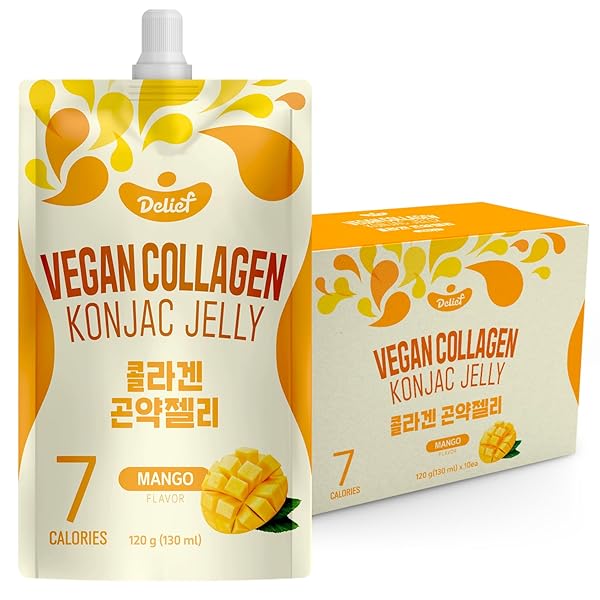 DELIEF VEGAN COLLAGEN KONJAC JELLY (MANGO FLAVOR) 120G X 10 PACKS – LOW-CALORIE FRUIT GEL SNACK, GLUTEN-FREE, PLANT-BASED, 7 KCAL PER POUCH