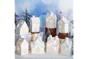 Wesiti 28 Pcs Ceramic LED White Christmas Village Set Include 8 LED White Christmas Village Houses 18 Xmas Trees 2 Lamp Post Scenes Decor Xmas Figurine Decoration Tabletop Mantel Shelf(Elegant)