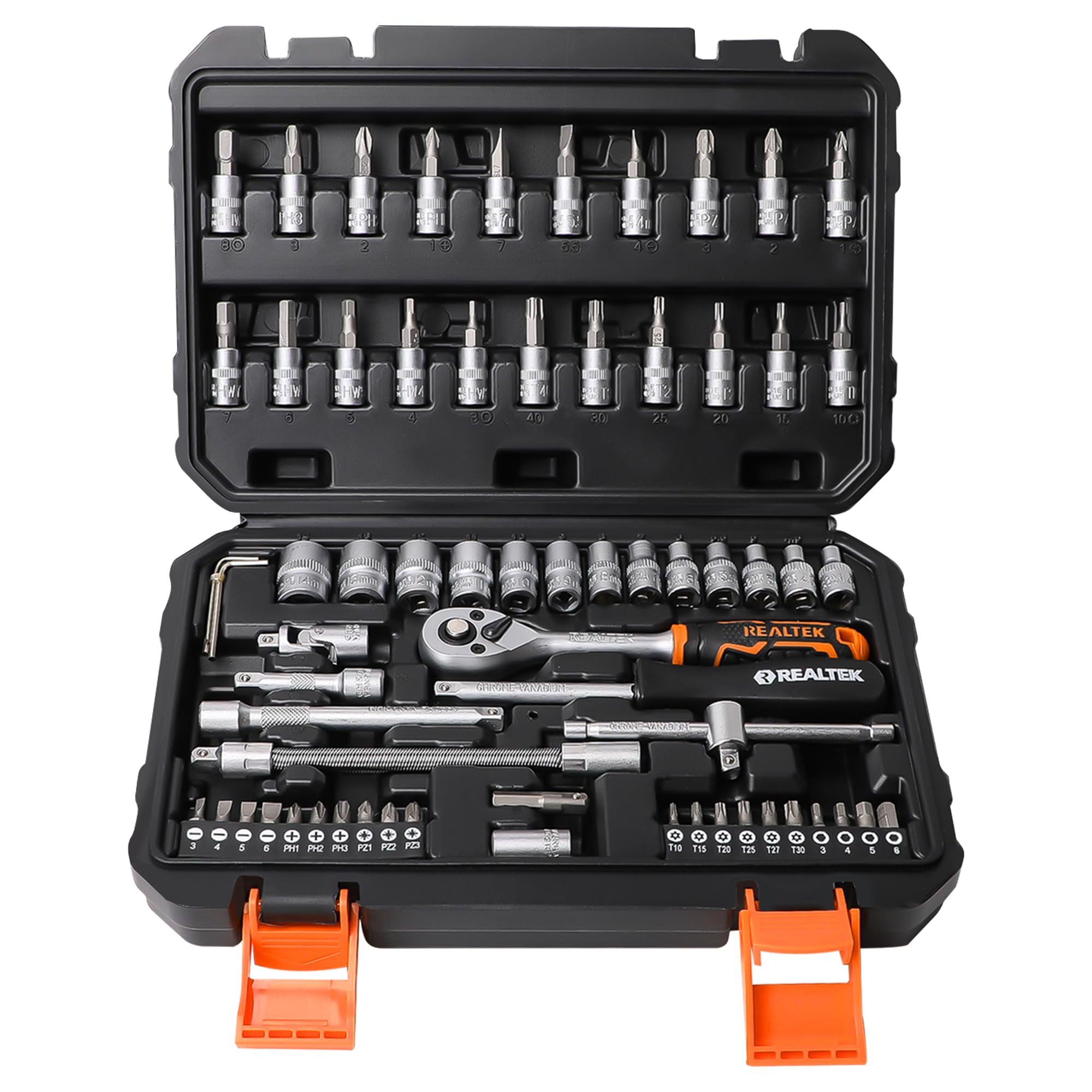 REALTEK Steckschlüsselsatz 66-teilig, 1/4" Steckschlüssel-Satz, Knarrenkasten, Werkzeugkoffer Mit Ratschen, Steckschlüssel und Bitsatz, Cr-V Ratschenschlüssel Set für Fahrrädern und Autos