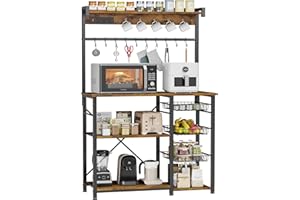 Kalrin Large Bakers Rack with Power Outlets 38.8 Inches, 15 Hooks Coffee Bar with 3 Wire Basket, Microwave Stand Kitchen Storage Shelf for Spices, Cups, Pots, 38.8 x 16.3 x 62.2 in, Rustic Brown