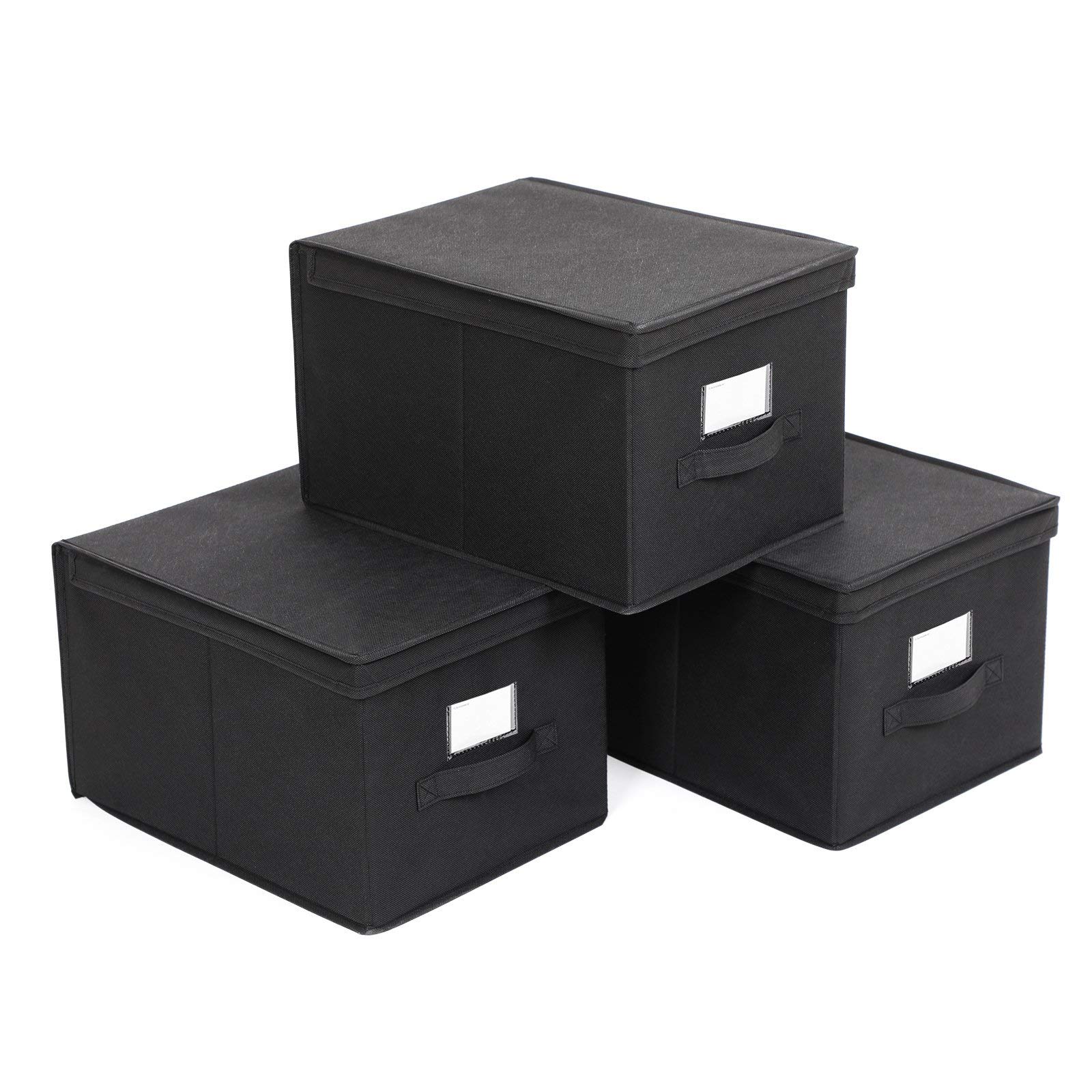 SONGMICS Set of 3 Foldable Storage Boxes with Lids, Fabric Cubes with Label Holders, Storage Bins Organiser, 40 x 30 x 25 cm, Black RFB03H
