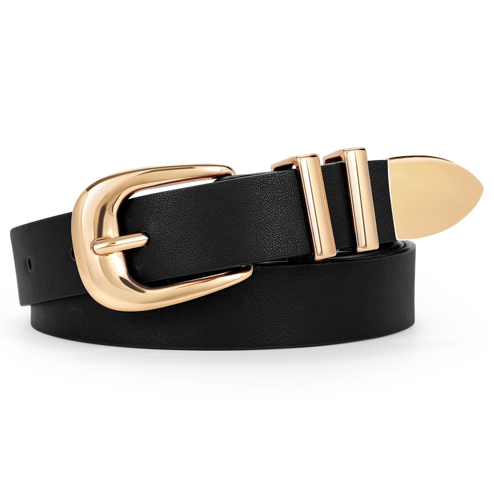 Photo 1 of WERFORU Women Leather Belt Fashion Leather Waist Belt for Pants Jean Ladies Western Thin Belt with Gold/Silver Buckle ?Fit Waist Size 31"-36",Black-Gold Buckle