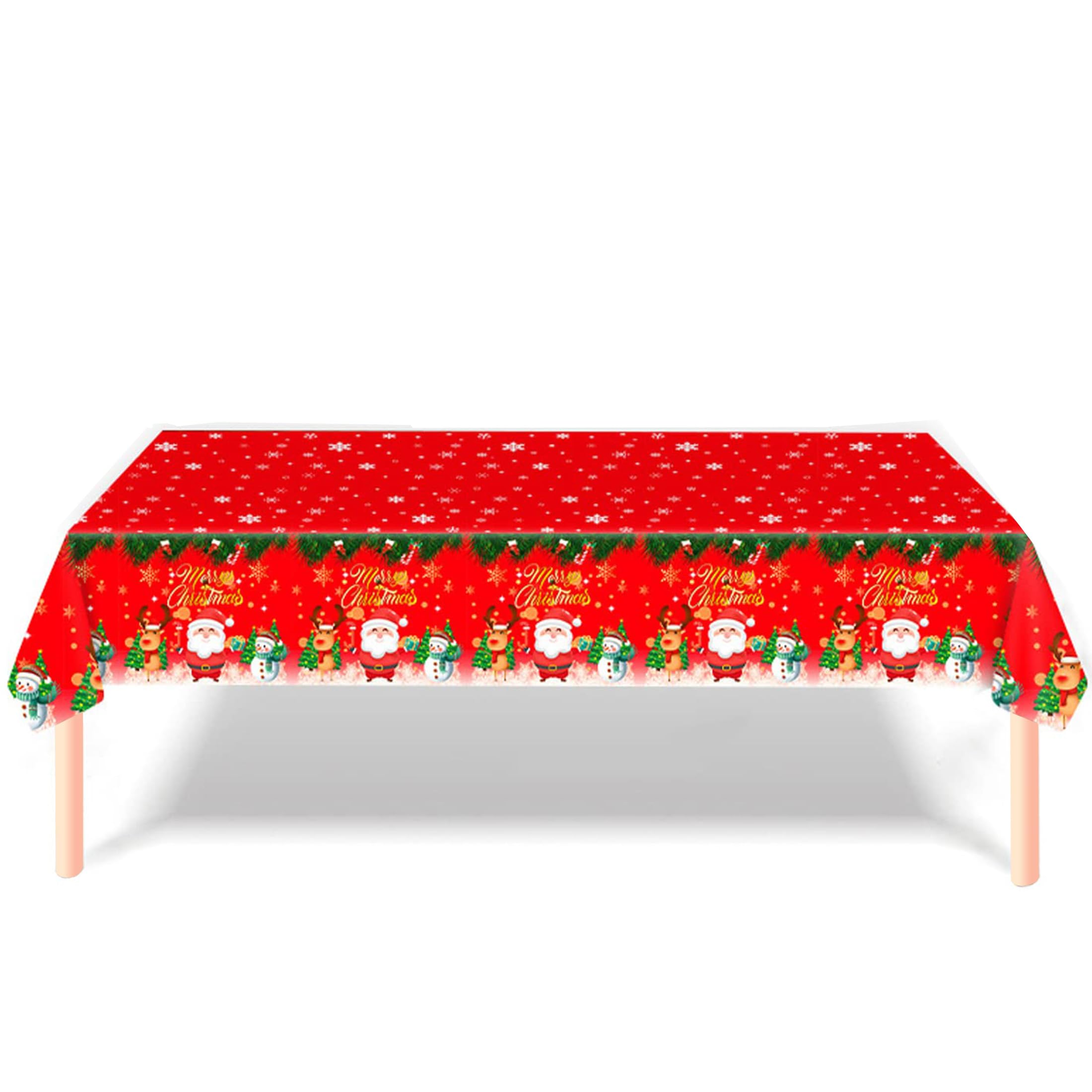 BOFYTR Christmas Table Cloth, Decoration Red Tablecloth with Santa and Snowman, 137 * 274cm Disposable Plastic Cover for Xmas Party, Holiday Decorations Supplies
