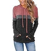 MixShe Women’s Color Block Knit Hoodie – Casual Long Sleeve Pullover Sweater Tops with Pocket