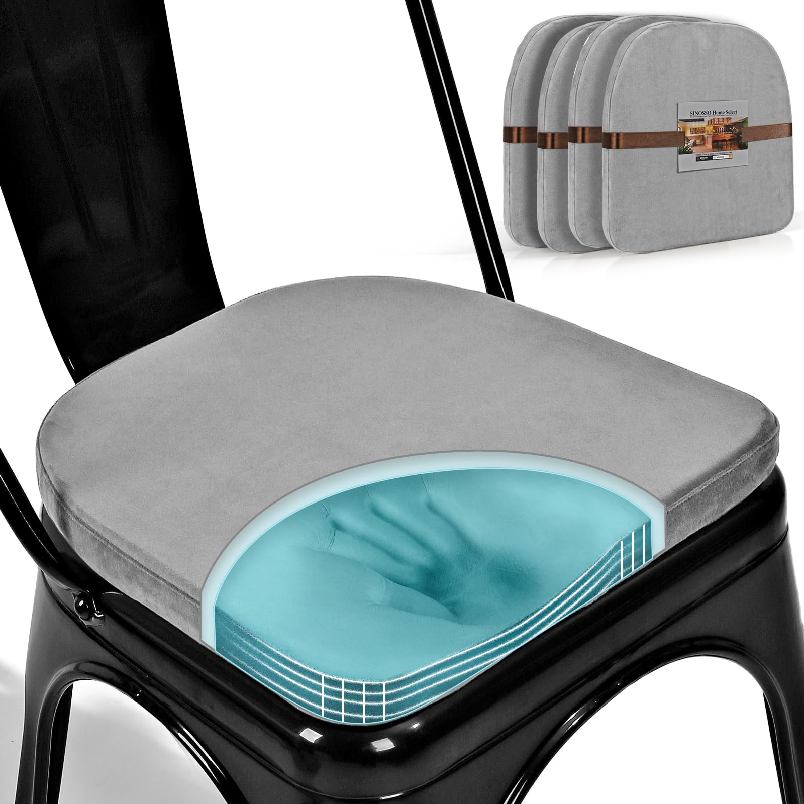 Photo 1 of SINOSSO Kitchen Magnetic Metal Chair Cushions Set of 4, 14" Luxury Velvet Memory Foam Seat Pads for Cafe Stackable Chair (U-Shape, Gray, 4)
