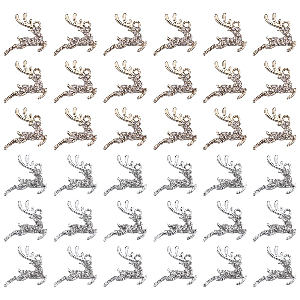 SUNNYCLUE 1 Box 32Pcs Christmas Charms Reindeer Charms Micro Pave Cubic Zirconia Rhinestone Deer Golden Silver Forest Animal Winter for jewellery Making DIY Necklace Craft Supplies