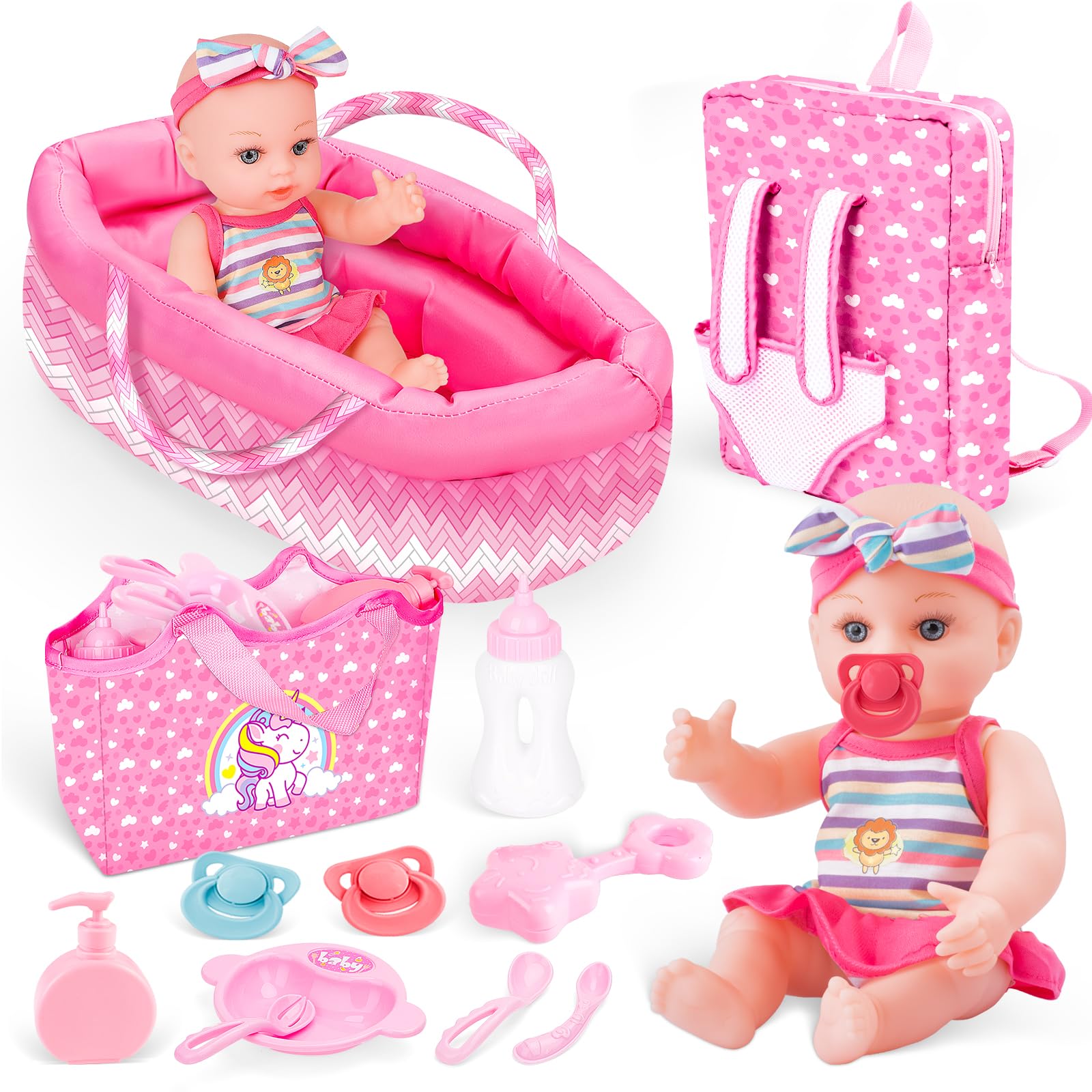 deAO Baby Doll Set for Girls, 12” Baby Doll Accessories Playset with Portable Doll Bassinet Bed, Backpack, Feeding Bottle & Doll Clothes, Interactive Doll Playset for Pretend Play