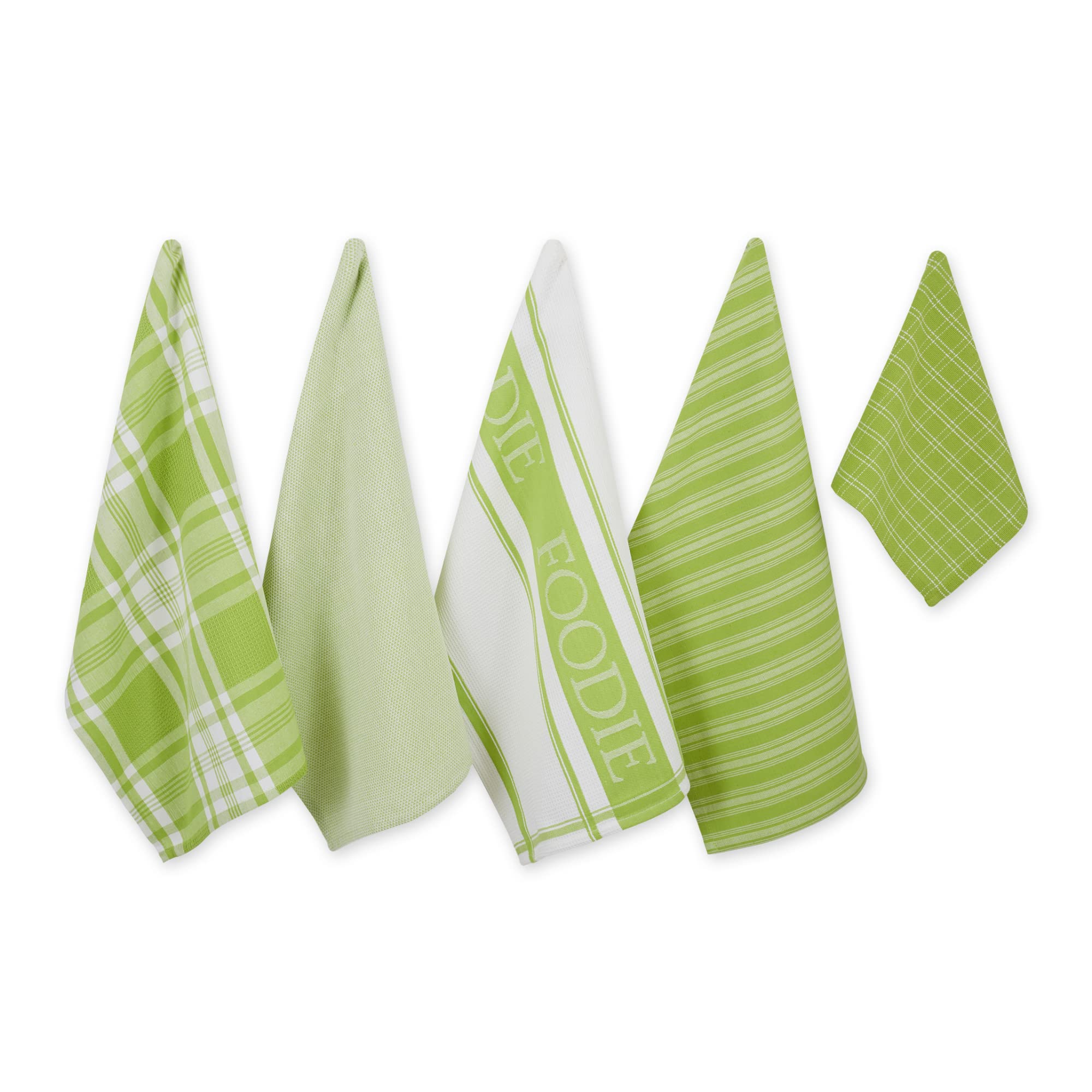 DII Assorted Decorative Kitchen Dish Towels & Dish Cloth Foodie Set, Ultra Absorbent for Washing and Drying (Towels 18x28 & Cloths 13x13) Lime Green, Set of 5