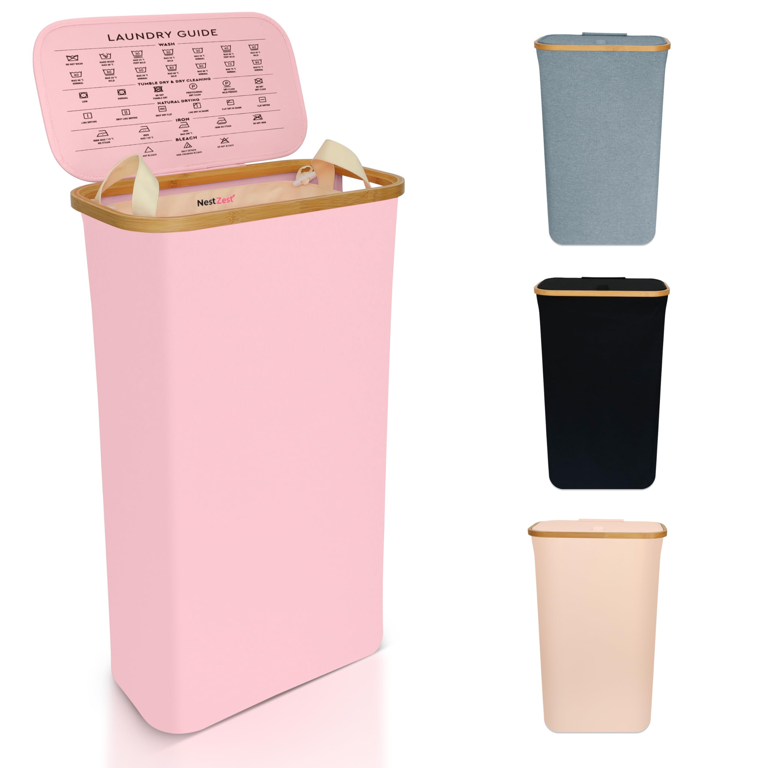 Nest Zest 60L Slim Laundry Basket with Lid, Washing Basket for Laundry, Hamper style Linen Bin with Care Guide & Removable Inner Bag, Dirty Clothes Bin with Sturdy Bamboo Rim and Oxford Fabric (Pink)