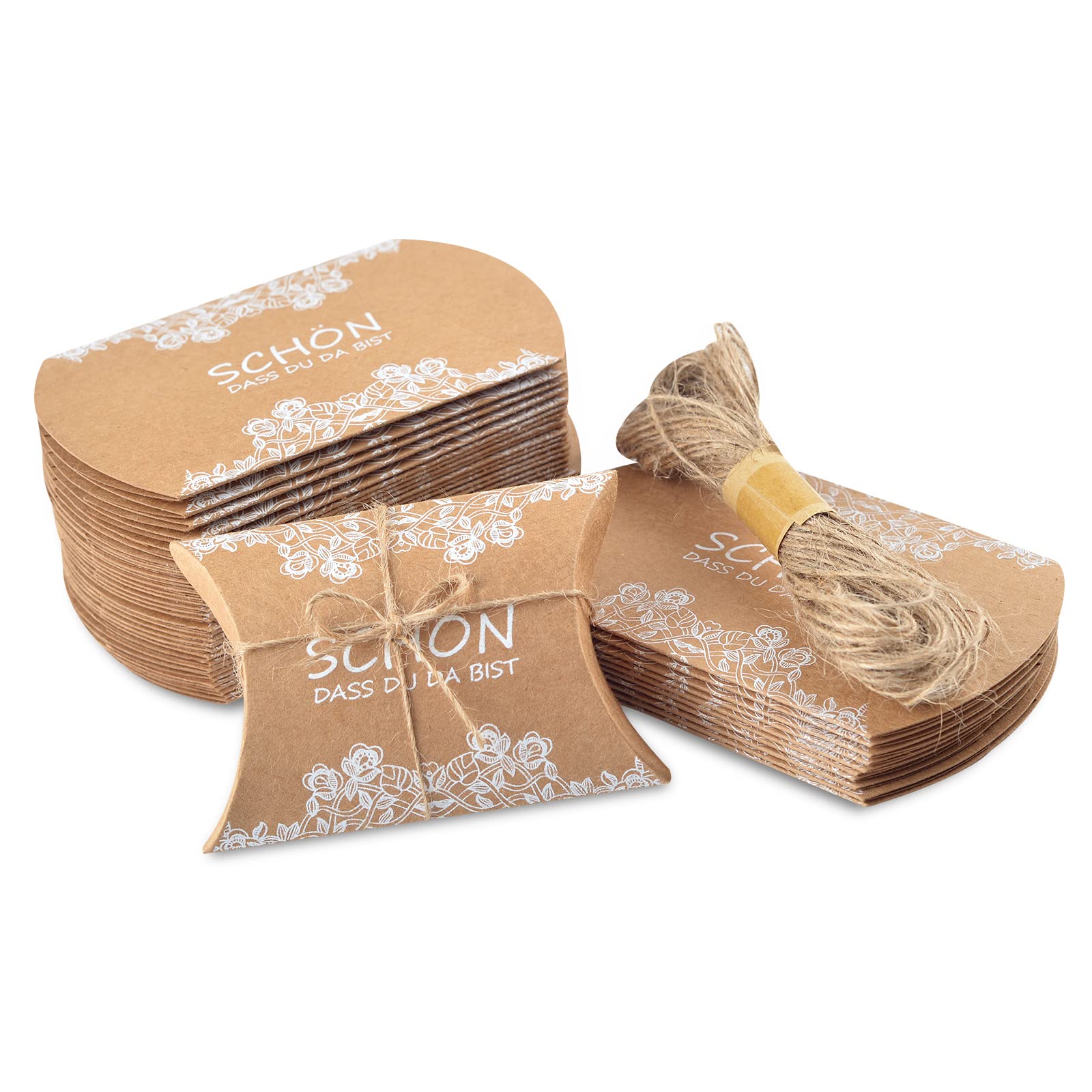 BEIMEIII 50pcs Kraft Paper Bags Boxes 9 x 6 x 2.5cm with Jute Twine Small Gift Box for Wedding