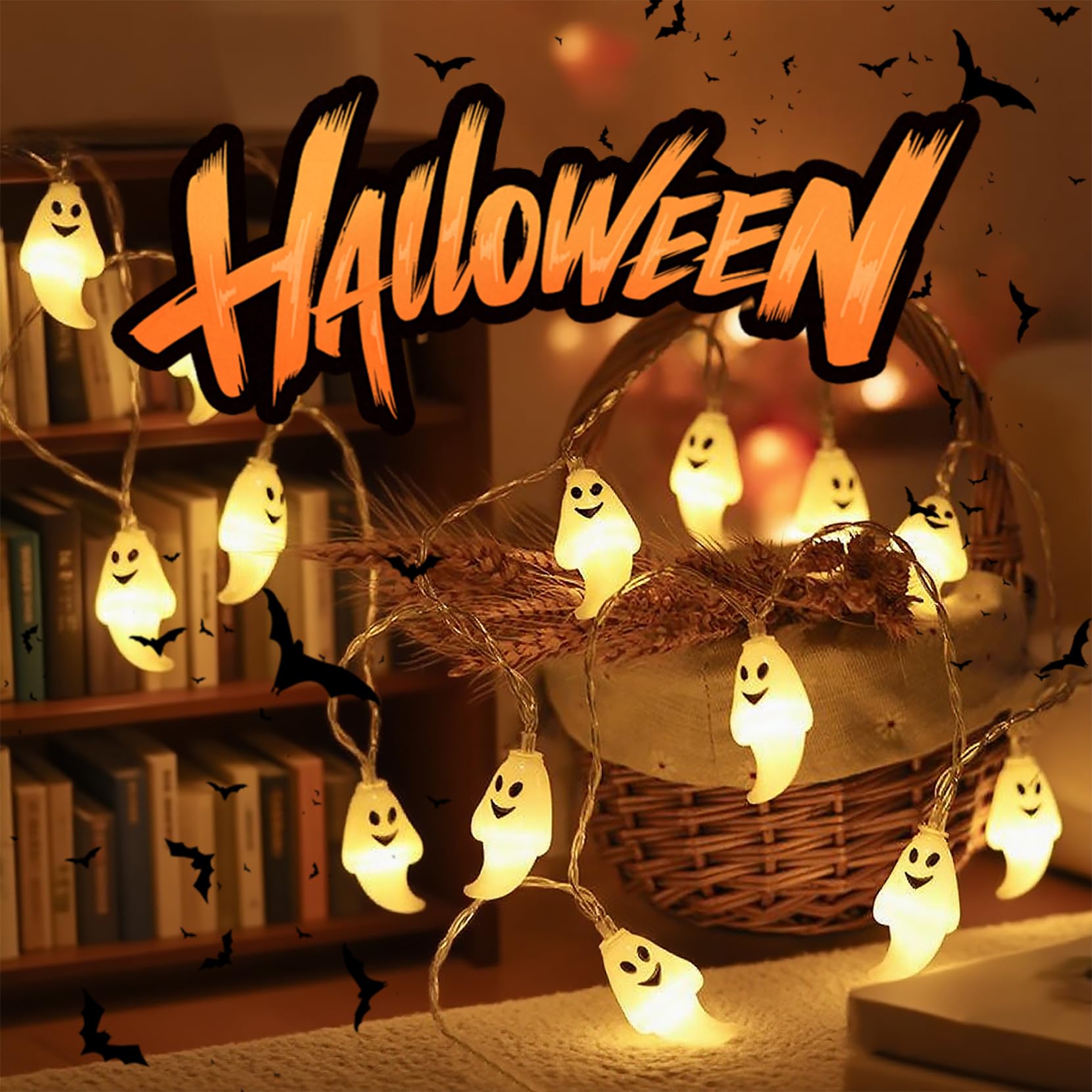 Photo 1 of VGE Spooky Ghost String Light - Battery Operated Halloween Lights Indoor/Outdoor, 20 LED Ghost-Lights with 10ft | Water-Resistant for Party, Garden, Porch, Walls, Fireplaces, Tree Decorations