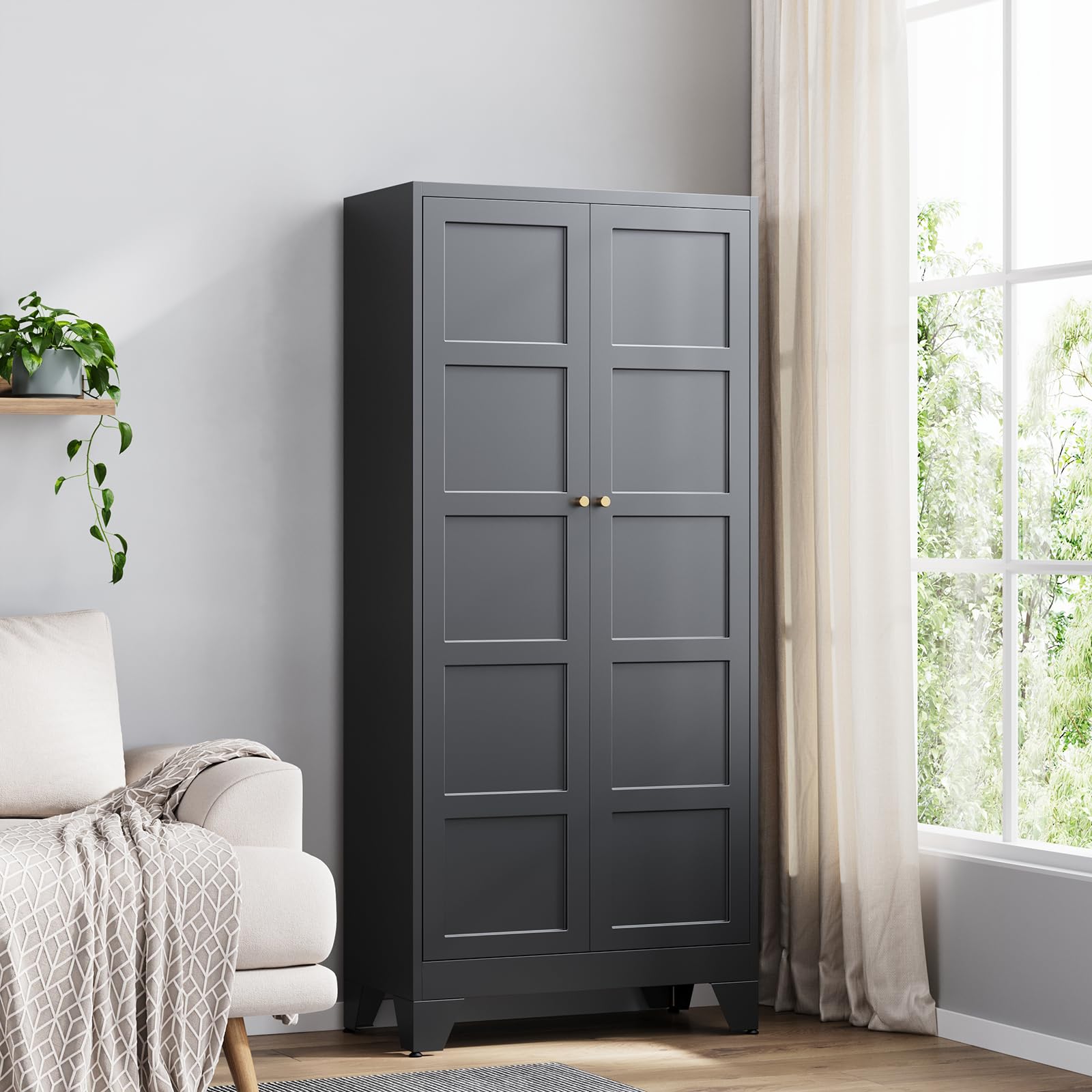 Yizosh Metal Storage Cabinet with 2 Doors and 4 Adjustable Shelves - 71" Black Kitchen Pantry Storage Cabinet,4-Tier Tall Steel Cabinet Locker for Living Room,Dining Room,Kitchen Image