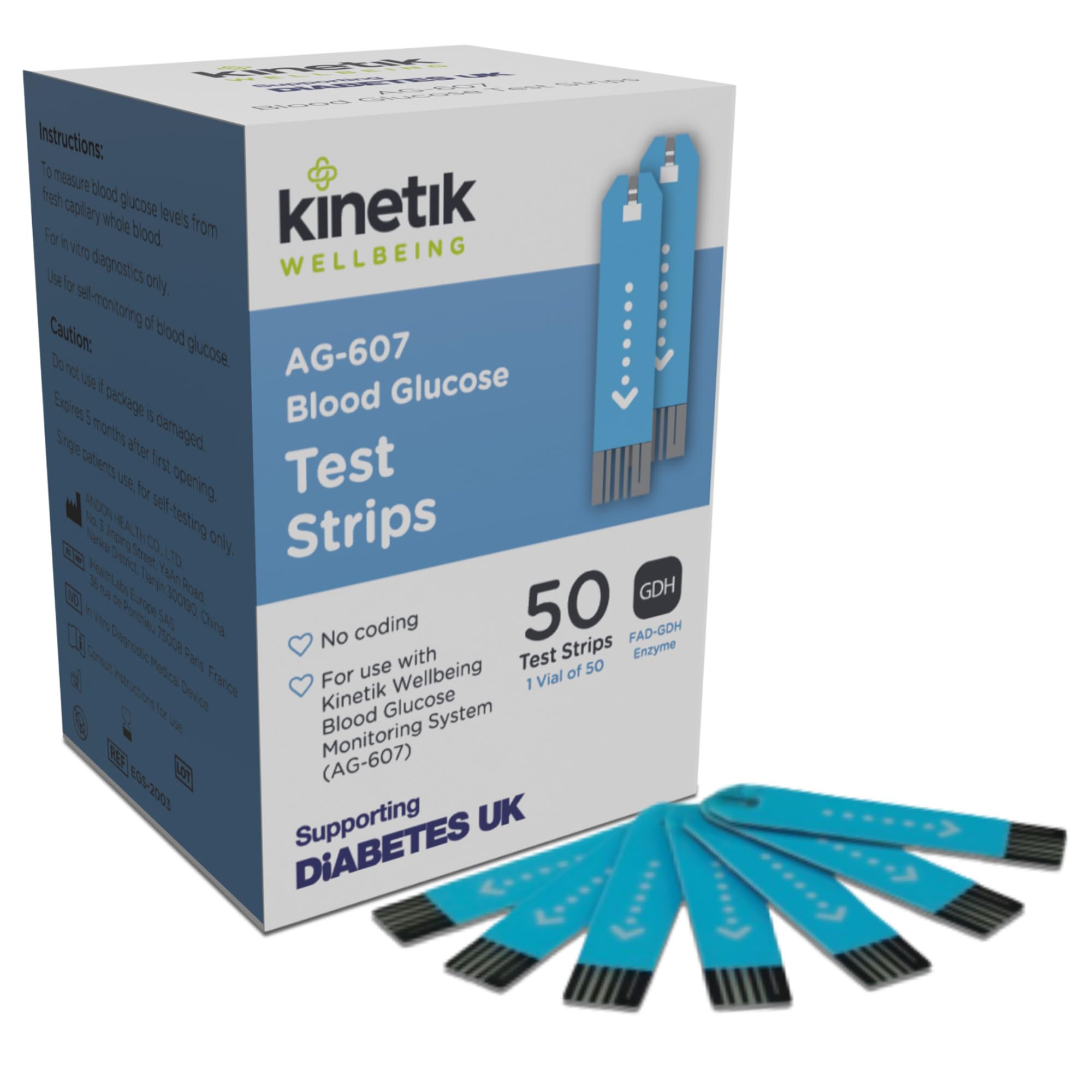 Kinetik Wellbeing Blood Glucose Test Strips, Pack of 50 - Compatible with Kinetik Monitor AG-607 - Home Diabetic Glucose Strips Used by the NHS - For Blood Sugar Level Monitors & Diabetes Management