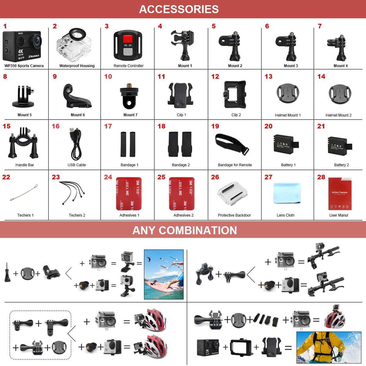 Action Camera 4K Sports Camera 12MP Ultra HD Wifi Waterproof Underwater Video Camera Helmet Cameras Camcorder 170° Wide View Angle 2 Inch LCD Screen Remote Control and Free Accessories [DROGRACE]