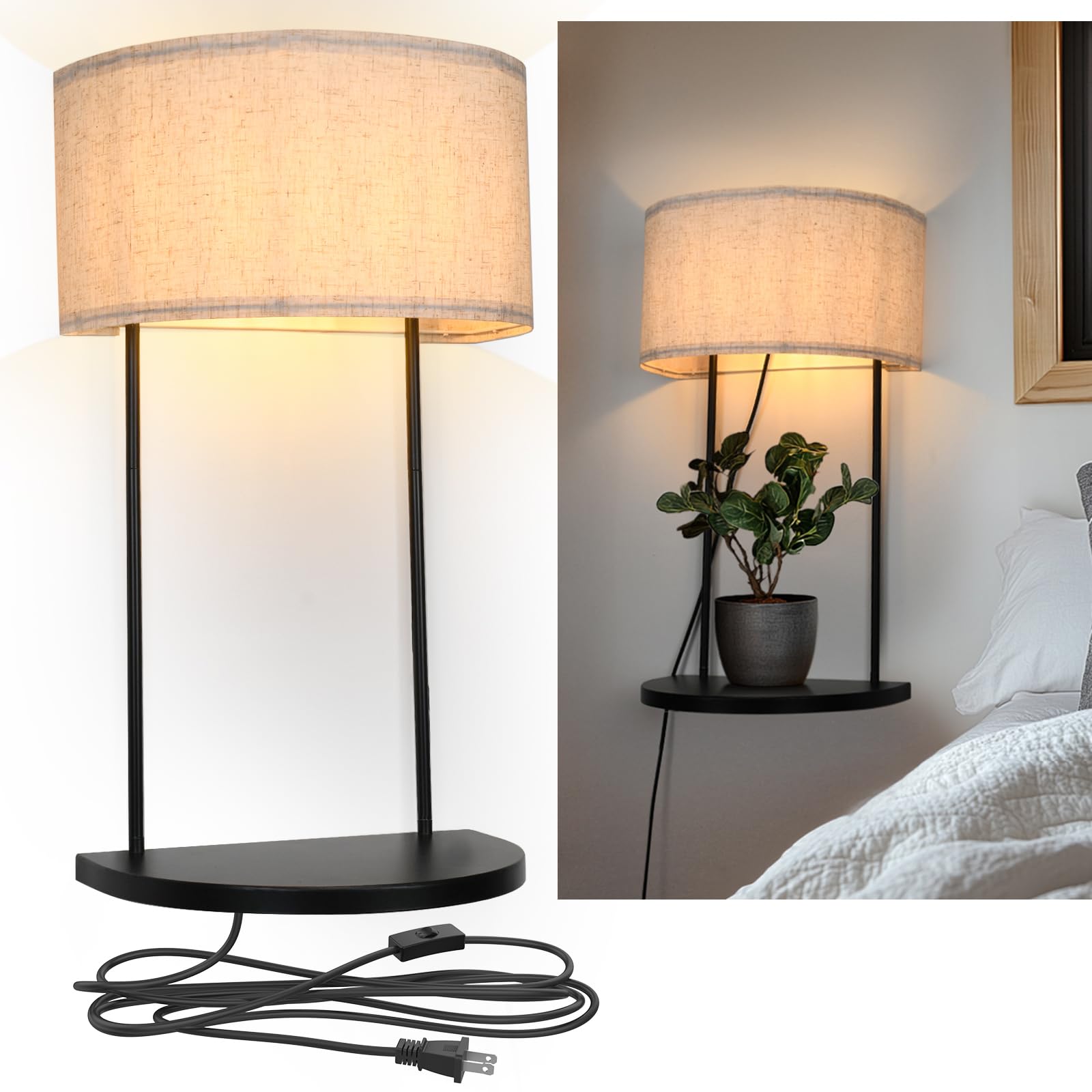 Photo 1 of Plug in Wall Sconce with Shelf, Modern Wall Lamp for Bedroom and Living Room, Linen Fabric Shade Wall Light, Ideal for Bedside, Wall Lights for Living Room, E26 Base, Bulb Not Included