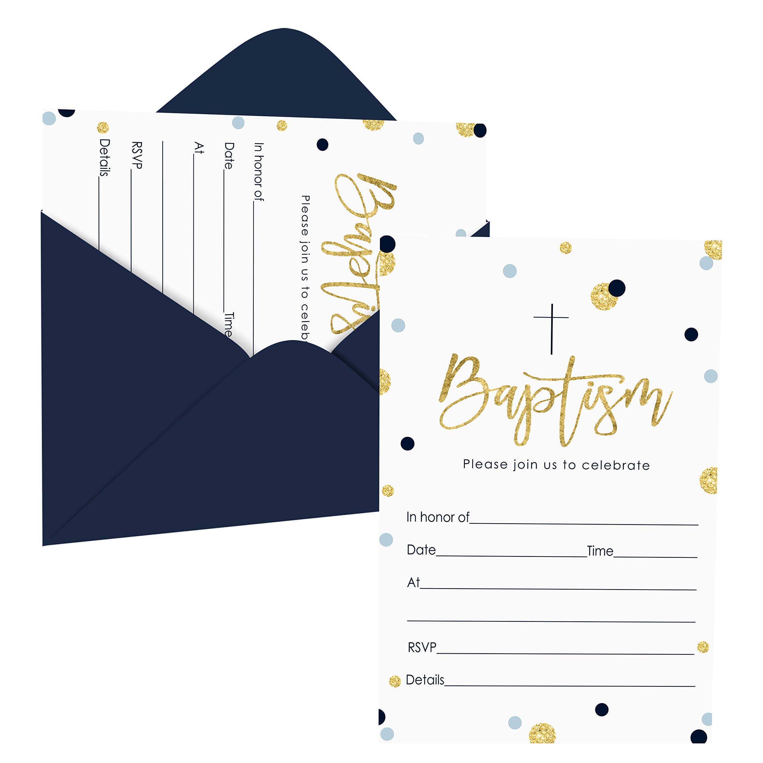 Boys Baptism Invitation and Envelope Set (15 Pack) Blank Invites for