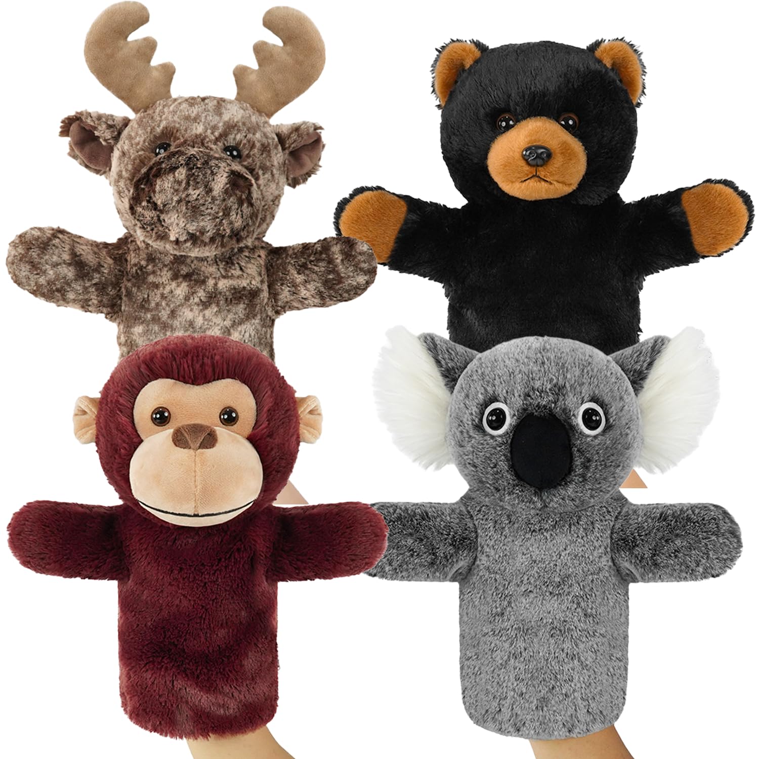 Photo 1 of 4 PCS Animal Hand Puppet Set 11'' Soft Realistic Wild Plush Puppets Toys Orangutan, Black Bear, Moose, Koala Puppet for Kids Ages 1-3, 4-8 and Adult to Tell Stories and Role Play