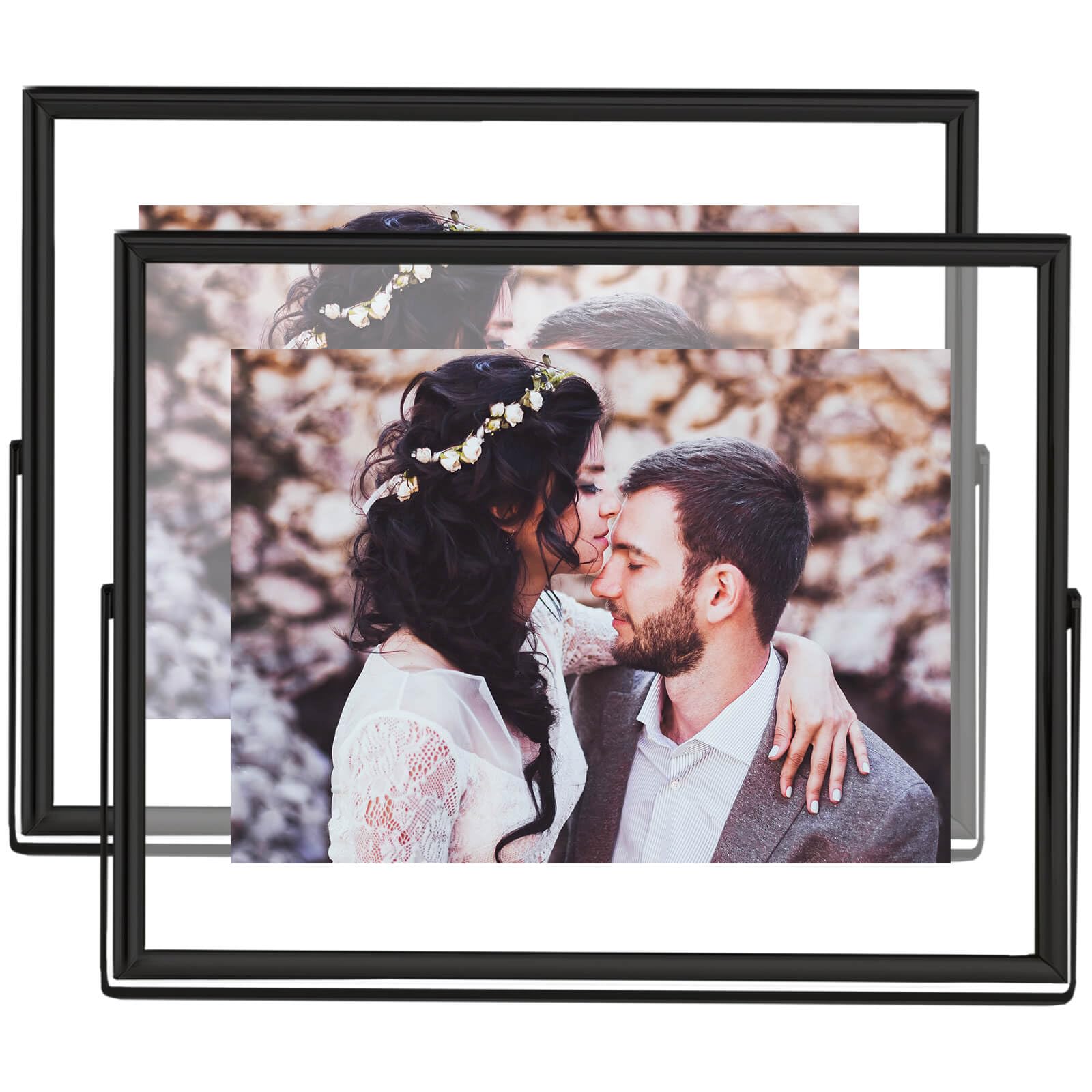 Photo 1 of CROXXID 5x7 Floating Picture Frames Set of 2, Made of Metal and Double Real Glass, for Photo Size up to 7x9, Tabletop Display Home or Wedding Decoration (Horizontal Black)