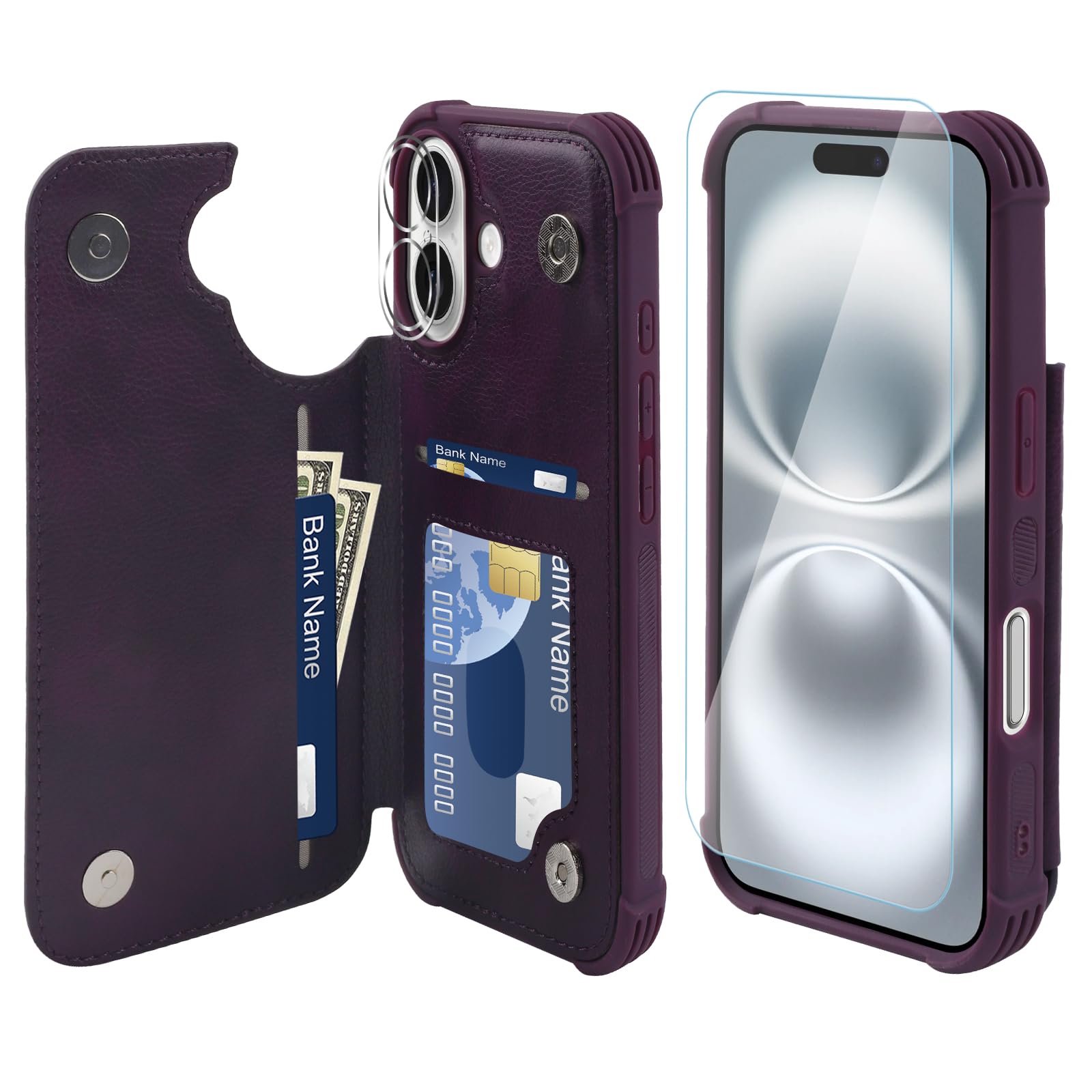VANAVAGY Compatible for iPhone 16 Wallet Case with Credit Card Holder,Rfid Block Leather Flip Folio Phone Cover Fits Magnetic Car Mount and Stand with Screen Camera Protector,Purple