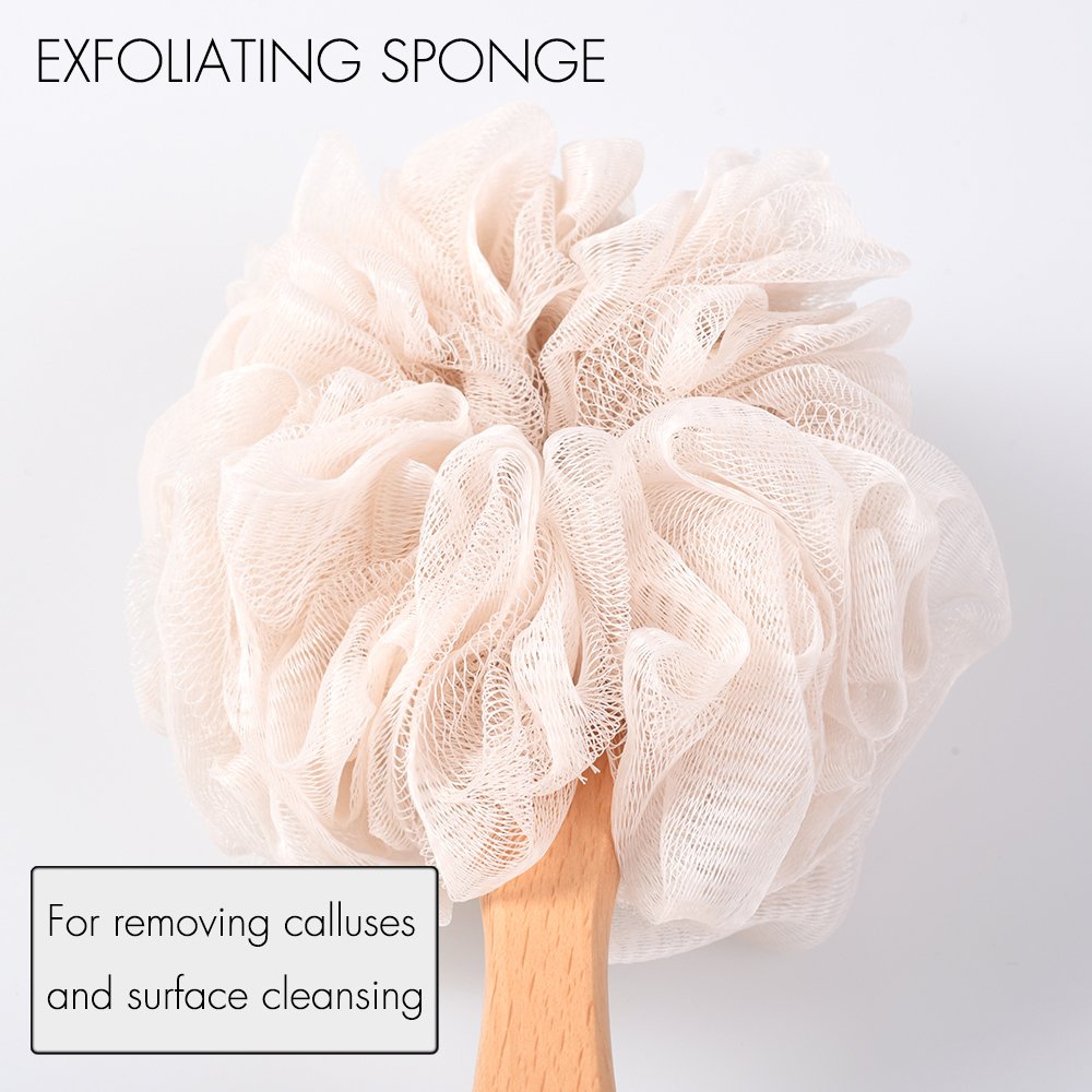 Bath Sponge & Brush Long Handled Loofah Back Scrubber Shower & Bath Exfoliating Pouf Scrubber on a Stick Body Back Brush with a Wood Handle Loofah Mesh for Men & Women By Krramel (Champagne)