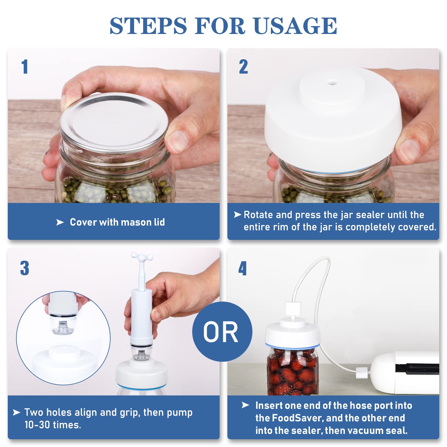 RECAT Mason Jar Vacuum Sealer Kit with Accessory Hose for Wide and Regular Mouth Jars, Manual Portable Vacuum Pump and Lid Opener