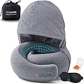 LOLEXโข Hooded Pro Travel Pillow - Memory Foam Neck Support Pillow for Airplane, Flight - Super-Soft Pure Cotton Fabric, Maximum Privacy & Light-Block Design, Lightweight Full Travel Kit - Light Grey