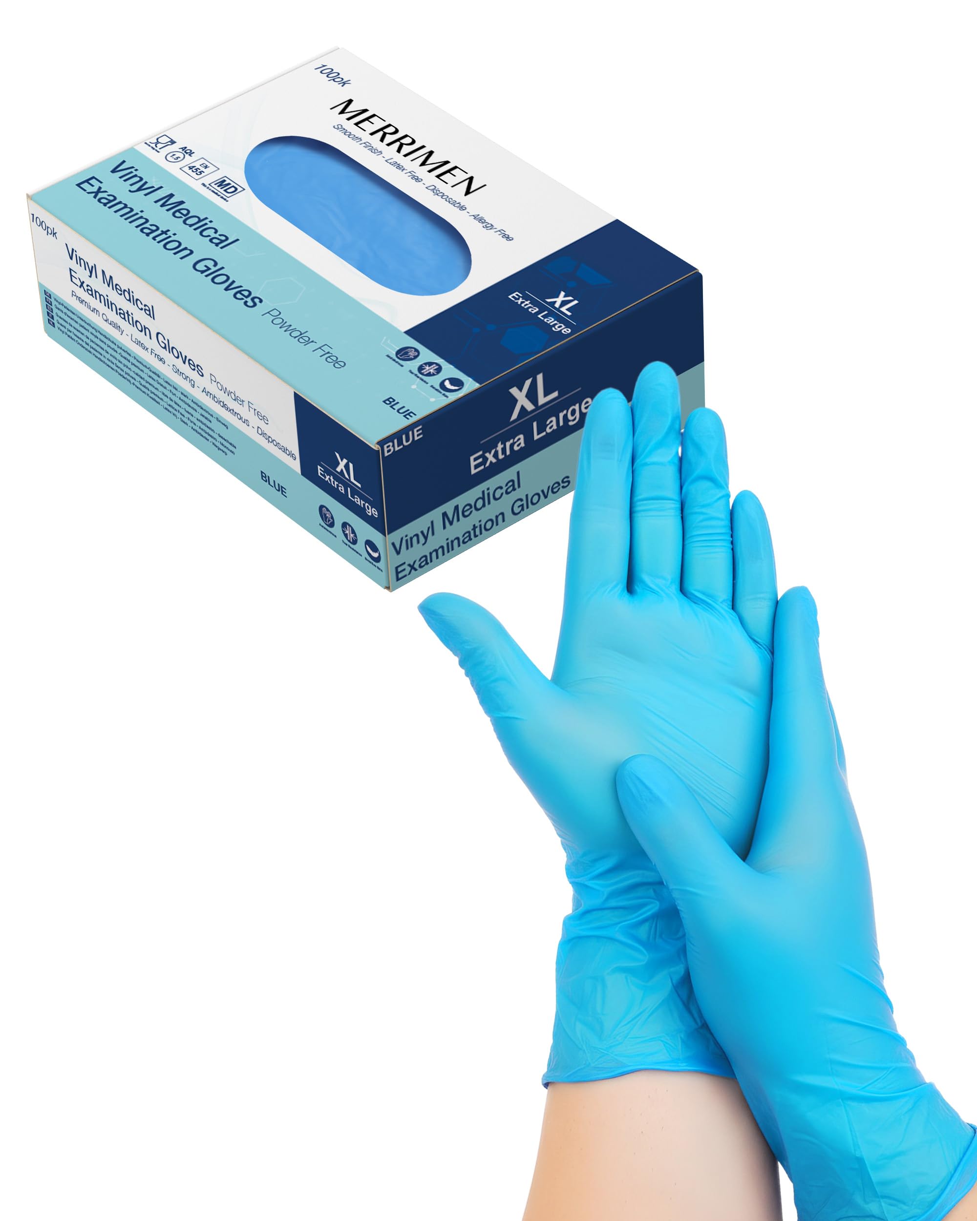 Merrimen Vinyl Disposable Gloves - Powder & Latex Free, Durable Synthetic Rubber, Single Use Protective Gloves for Healthcare, Food Handling & Cleaning - X-Large (Pack of 100)