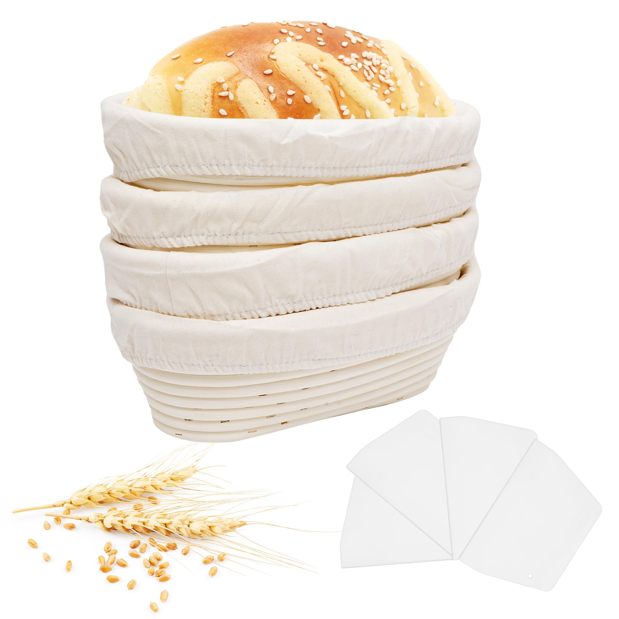 uyoyous 4 Pcs Banneton Bread Proofing Baskets Oval Sourdough Bread Proofing Basket Rising Prooving Rattan Basket with Linen Liner and 4 Cut Panels for Professional and Home Bakers 10x6x3.5 inches/pc