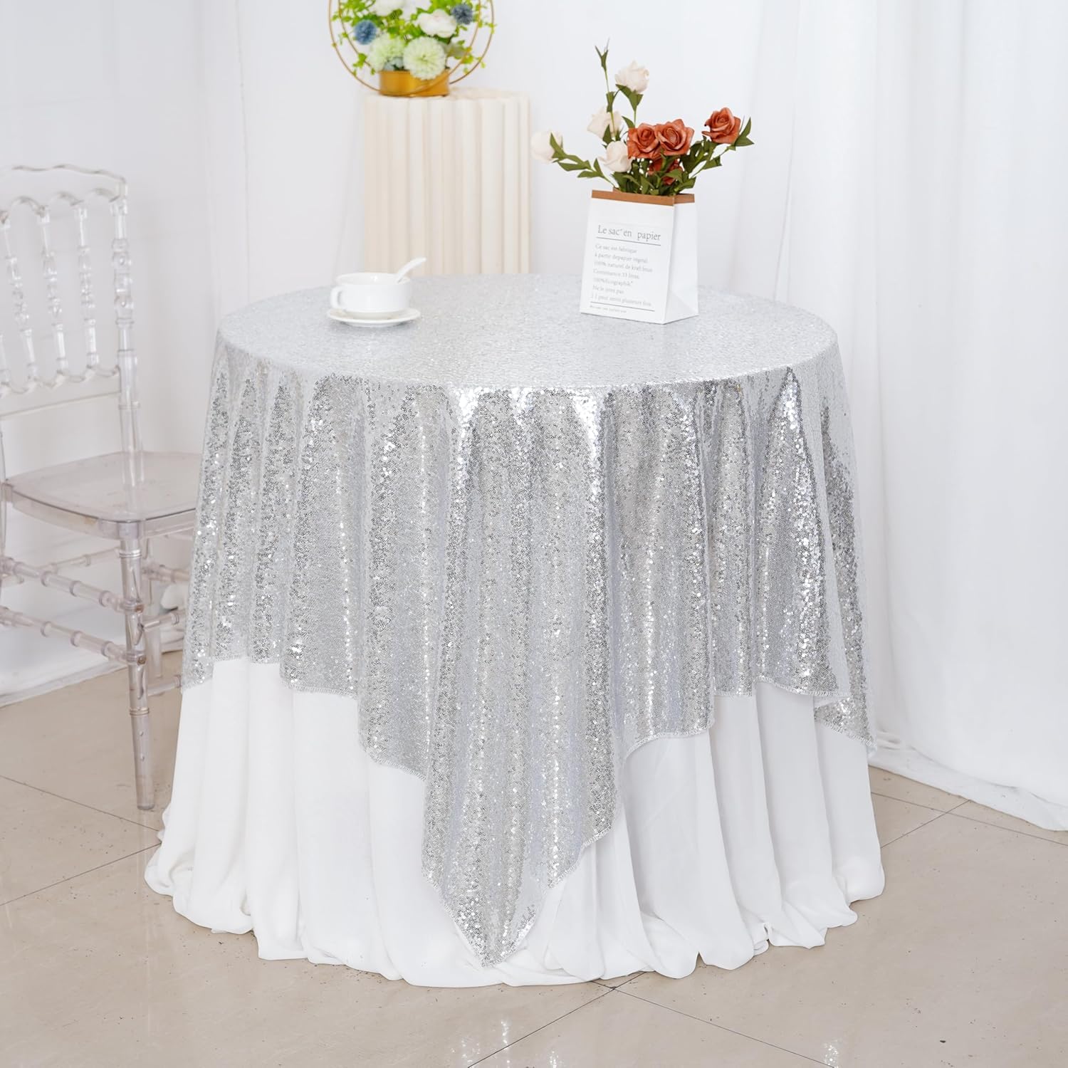 3E Home Silver Sequin Tablecloth Rectangle Sequin Table Cover For Wedding Party Banquet Silver Sequin Tablecloths 50" X 50" (125cm X 127cm) — image 1