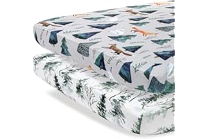 POBIBABY Pobi Baby - 2 Pack Premium Pack N Play Sheets Fitted for Standard Pack and Plays and Mini Cribs - Ultra-Soft Cotton Blend, Stylish Animal Woodland Pattern, Safe and Snug for Baby
