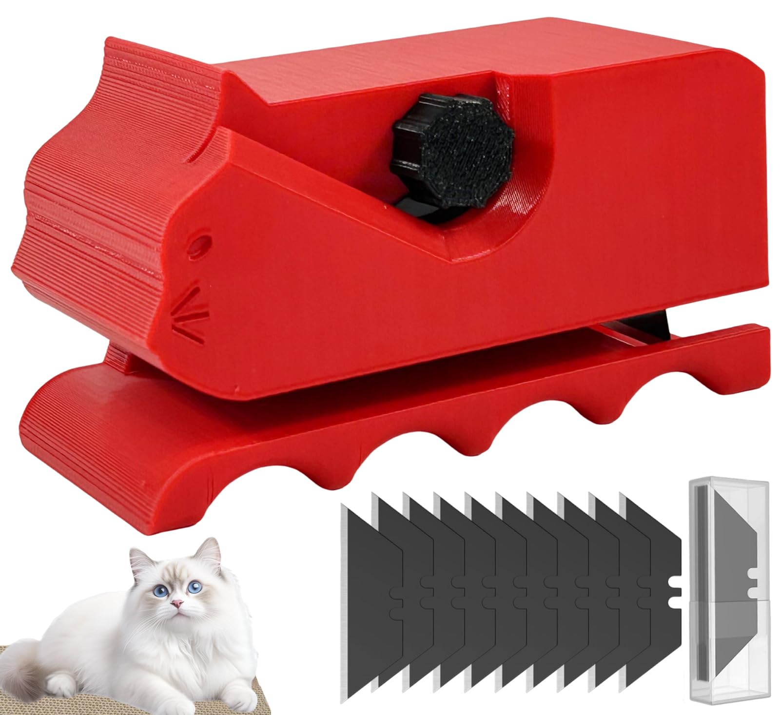 HiLiBoom ダンボールカッター 段ボールカッター 10PCS刃付き 猫型手持ち 猫 爪研ぎ ボード切断ツール つめとぎ 猫 猫抓板用3Dプリント切断機 DIY 猫用爪とぎボード道具 操作簡単 猫好きの方へのプレゼントに最適 (Red)