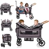 VAEUSV Lux Wagon for 2 Kids, Lightweight Travel, High Static Load Capacity | One-Hand All-Terrain Push Pull Fold Stroller ,Adjustable Canopy &amp; Handle,5-Point Harness,Snack Tray &amp; Cup Holder for Toddler