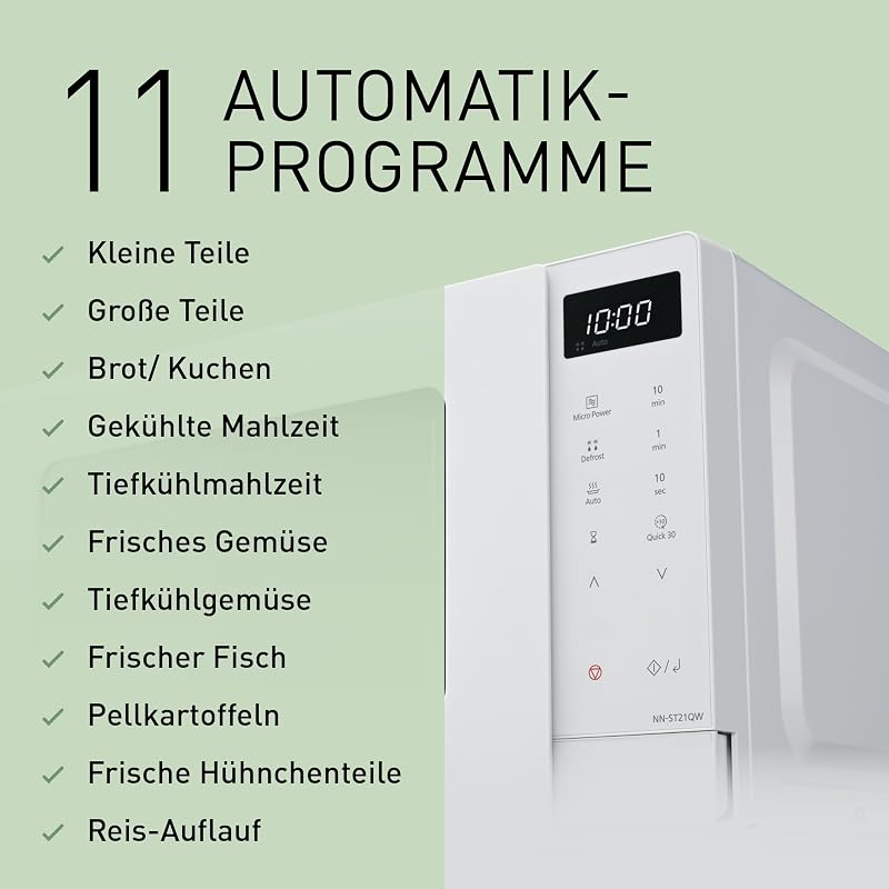 NN-ST21QWEPG 20L Solo-Mikrowelle mit Drehteller, 800 W, automatisches Auftauen, 11 Automatikprogramme, LED-Anzeige, 5 Leistungsstufen, digitaler Timer, Weiß
