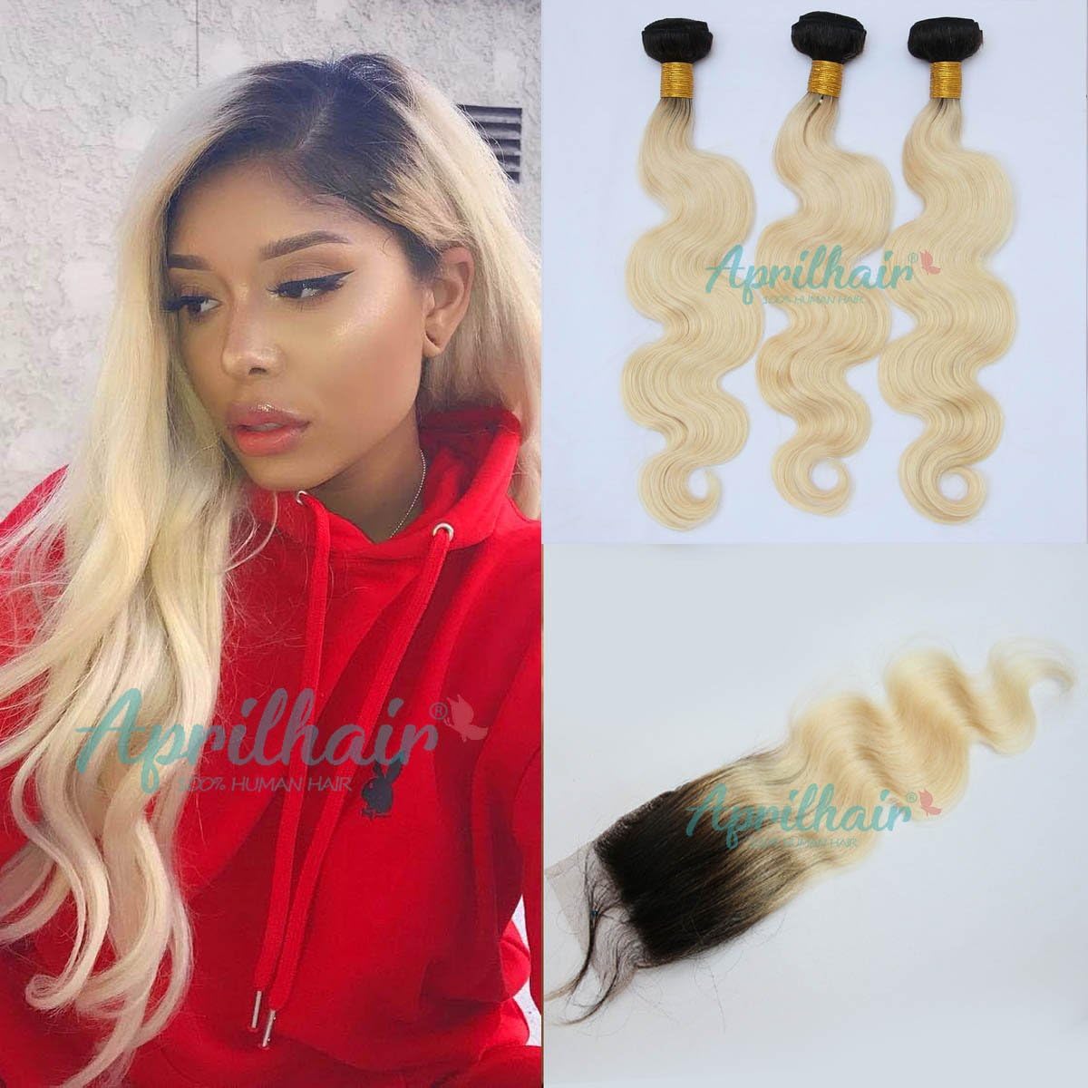 Aprilhair Pre-plucked 3 Bundles With 4x4 Lace Closure Dark Root 1B/613 Honey Blonde 2 Tone Ombre Unprocessed Brazilian Virgin Human Hair Weave Body Wave With Baby Hair(8+10 12 14)