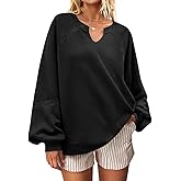 UEU Womens V Neck Crochet Sweatshirt Long Sleeve Oversized Pullover Loose Fit Casual Knit Tops Lightweight Sweater Shirt