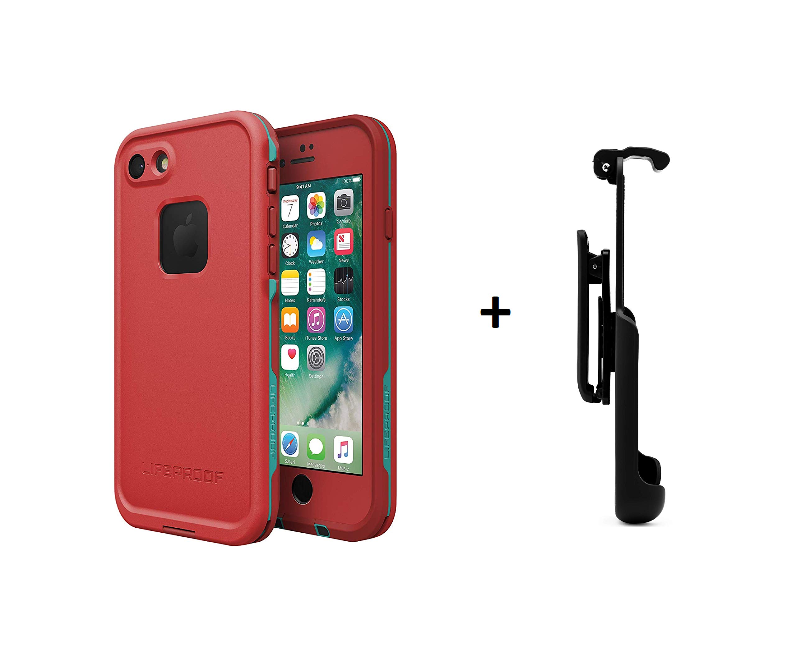LifeProof FRÄ’ Series Waterproof Case for iPhone 7 (ONLY) not Plus - Retail Packaging - (Ember Red + Gear Pro Belt Clip)