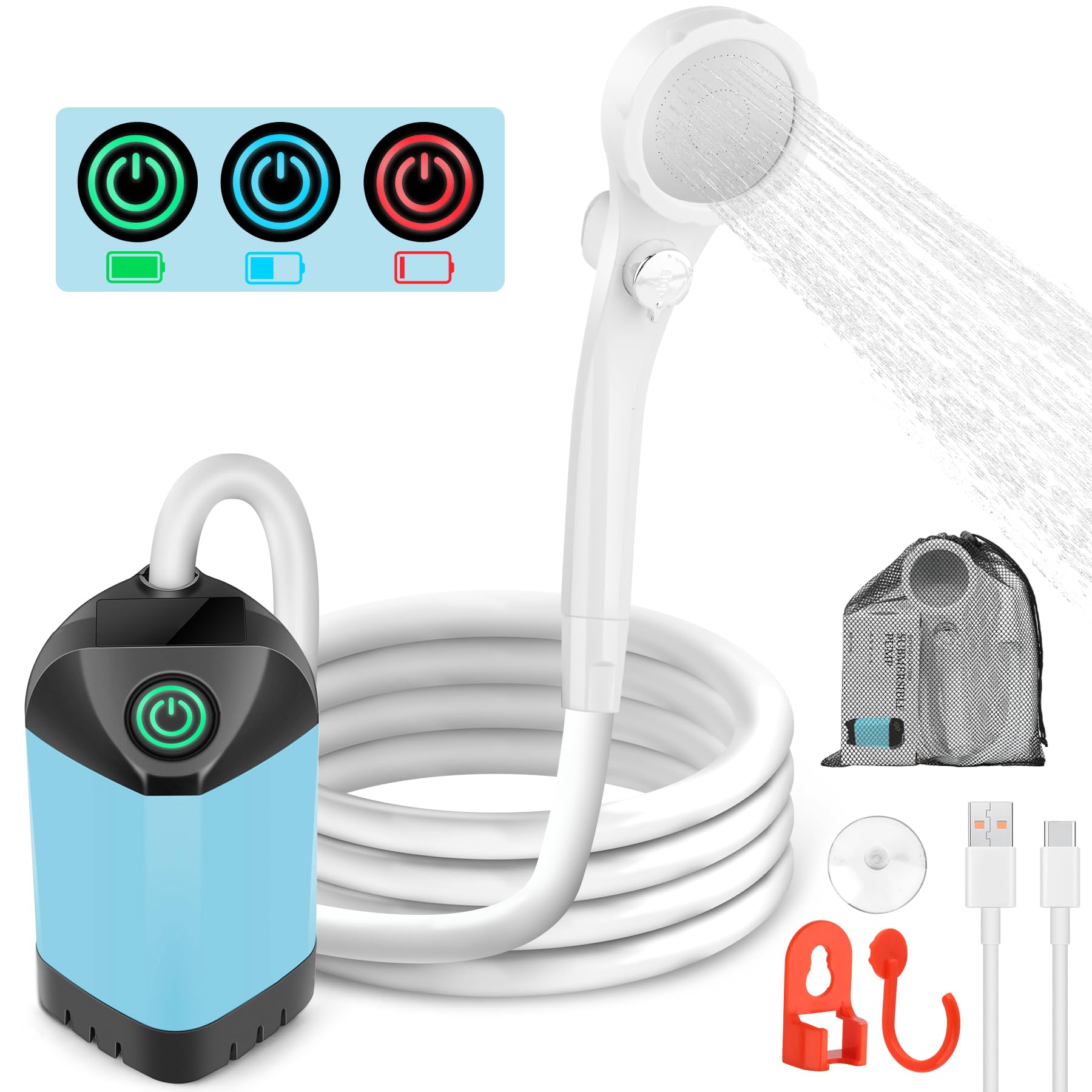 Photo 1 of Portable Shower for Camping, 7800mAh Rechargeable Camping Shower with 3 Spray Modes, IPX7 Waterproof Portable Shower Pump for Outdoor, Hiking, Travel, Car, Pet-Long-Lasting Battery & Powerful Suction