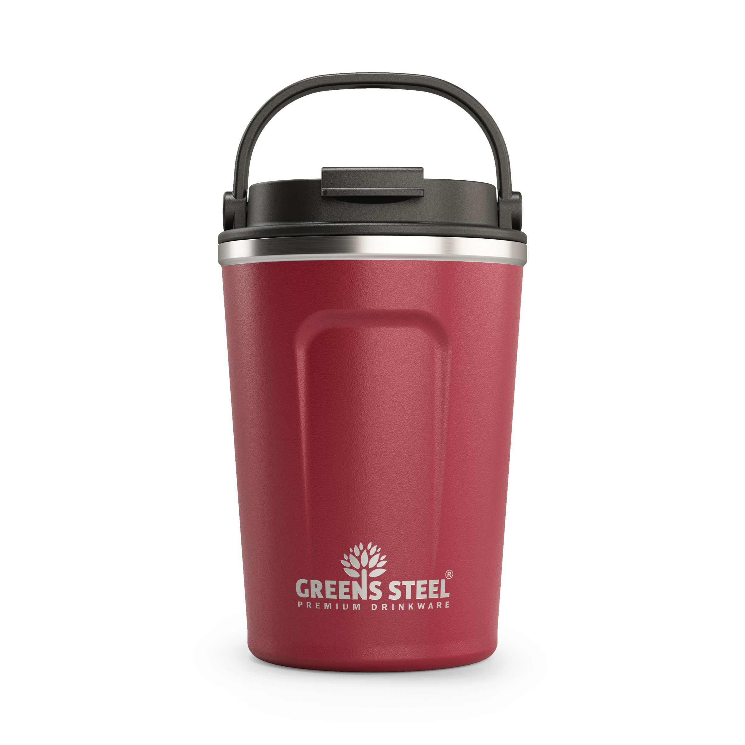 Greens Steel Reusable Coffee Cup - 350 ml (12 oz) Red | Travel Mug with Lid & Handle | Stainless Steel Insulated Flask for Hot & Cold Drinks | Leak Proof Tumbler for Tea, Coffee, Iced Drinks