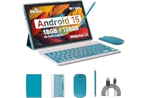 IWEGGO Android 15 Tablet, 10 Inch 18GB RAM+128GB ROM/ 2TB Expandable Tablet, 2.0GHz Quad-core Processor, 1280*800 HD Touchscreen, 5G WiFi6 BT 5.0, 2 in 1 Tablets with Keyboard Case Mouse Stylus, Navy