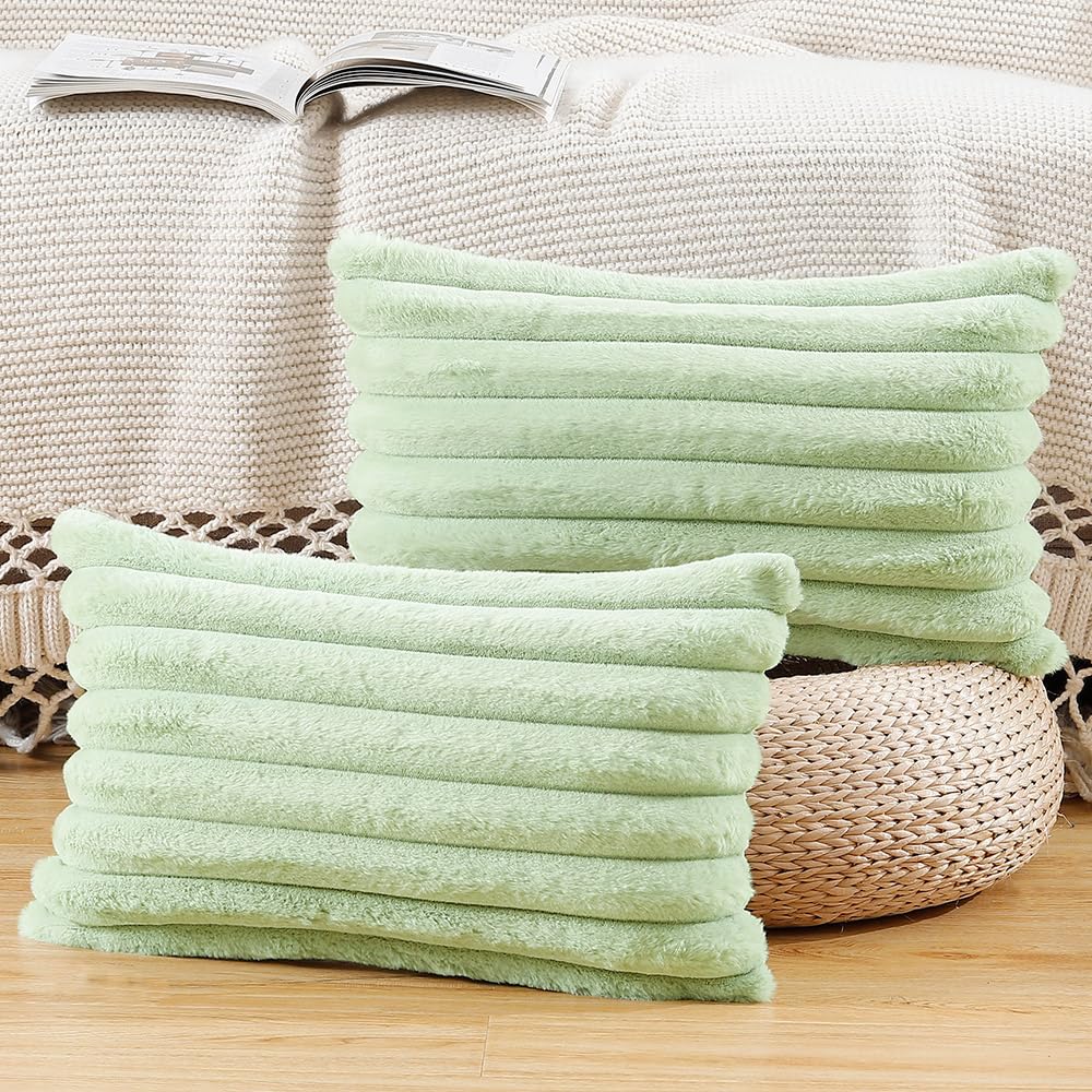 Madizz Set of 2 Faux Fur Decorative Cushion Covers 12x20 inch, 30x50 cm, Light Green Soft Couch Throw Pillows for Bed Modern Pillowcases for Sofa Livingroom Home Decor — image 1
