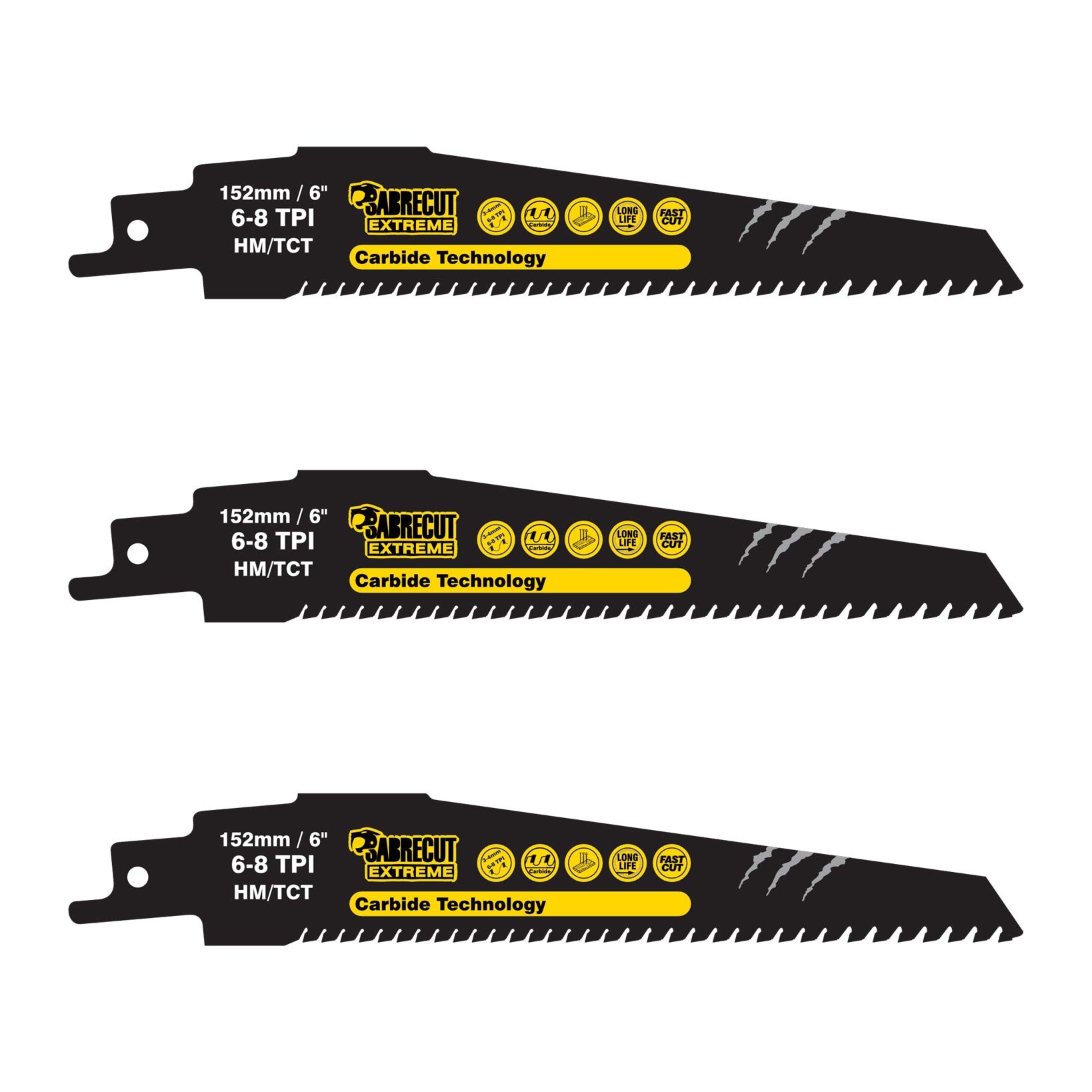 3 x SabreCut SCRS956XHM_3 Tungsten Carbide 152mm Variable 6-8 TPI S956XHM Very Fast Wood and Plastic Cutting Reciprocating Sabre Saw Blades