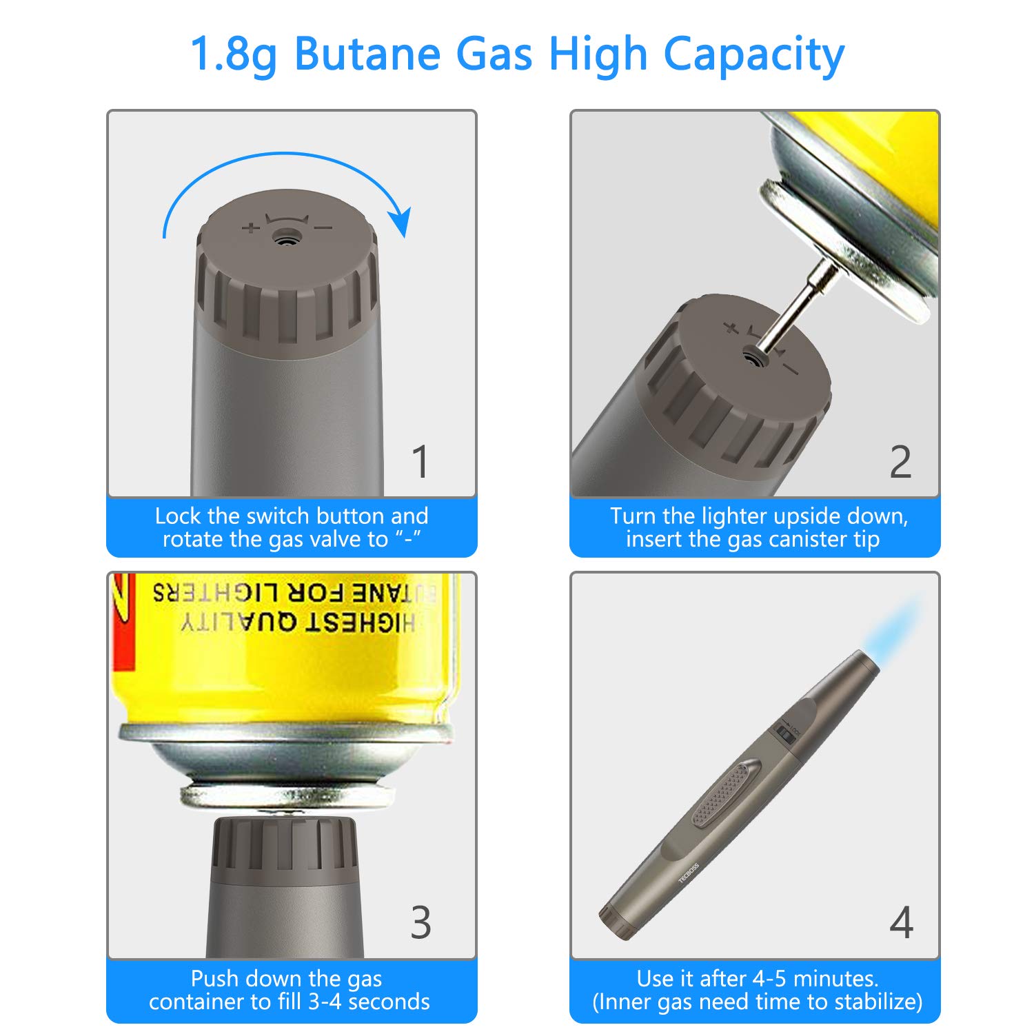 Torch Lighter, Tecboss Lighter Adjustable Jet Flame Portable Refillable Butane Lighters for Camping Cooking BBQs Fireworks, Metal Casing, Gift Box (Gas Not Included)