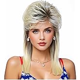 Cariniss Mullet Wig for Women Shoulder Length Synthetic Cosplay Wig 80s Wigs Halloween Cosplay Daily Hair Wigs (Blonde Mix Black)