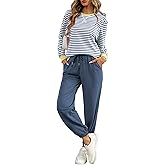 FIOPHY Women's Cozy 2 Piece Outfits Lounge Sets Striped Color Block Long Sleeve Tops Jogger Sweatpants Sweats Track Suits Set