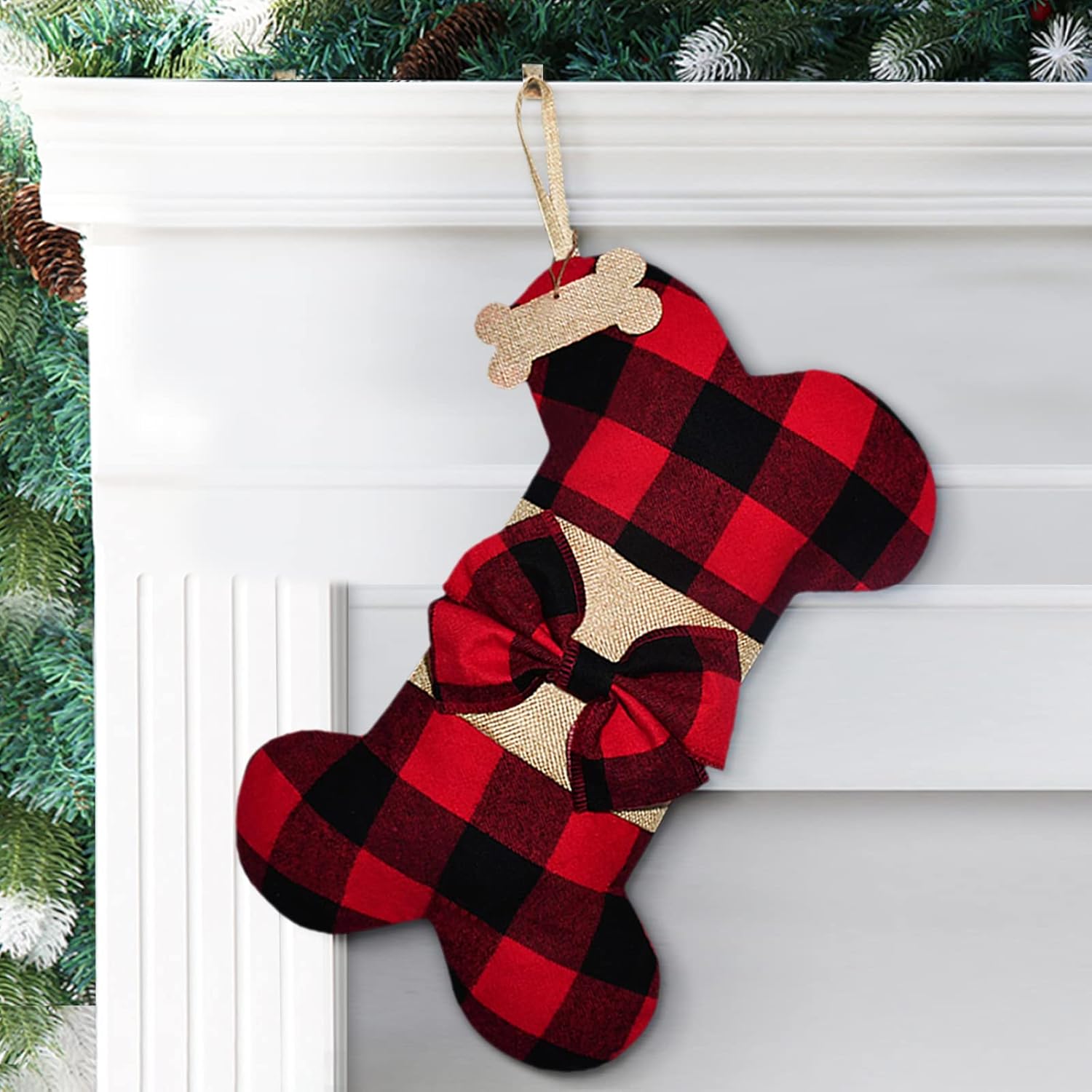 Stockings & Holders - Senneny Pet Dog Christmas Stockings Buffalo Red Black Plaid Burlap Large Bone Shape Hanging Christmas Stocking for Dogs Pets