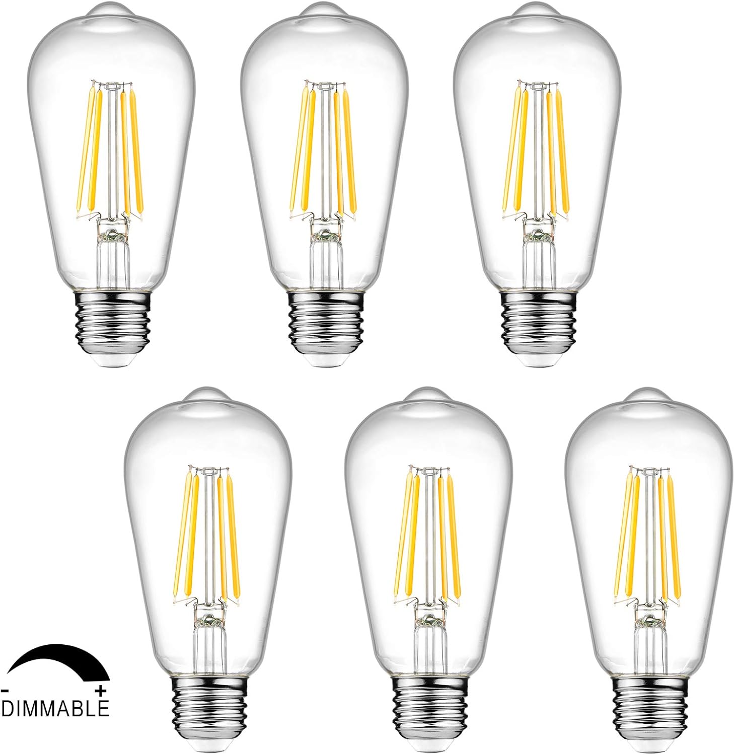Ascher Vintage LED Edison Bulbs, 6W, Equivalent 60W, High Brightness Daylight White 4000K, ST58 Antique LED Filament Bulbs, E26 Medium Base, Non Dimmable, Clear Glass, Pack of 6 - - 