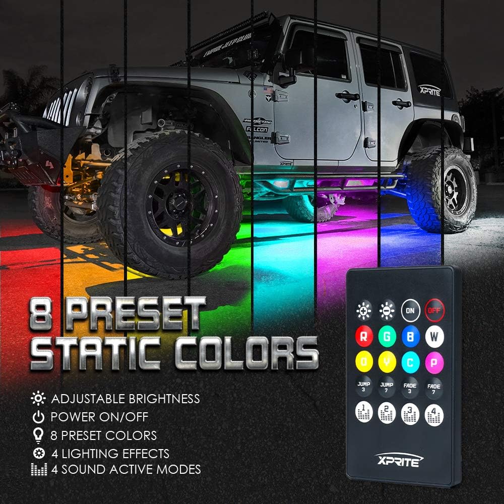 Xprite Car Underglow Neon Accent Strip Lights Kit 8 Color Sound Active Function and Wireless Remote Control 4 PCs LED Underbody System Light Strips w/ 6FT Extension Wire & Cable Tie: Automotive