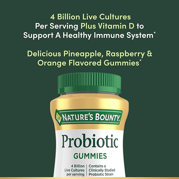 NATURE’S BOUNTY PROBIOTIC GUMMIES, IMMUNE HEALTH & DIGESTIVE BALANCE, PINEAPPLE, RASPBERRY AND ORANGE FLAVOR GUMMIES, 60 CT